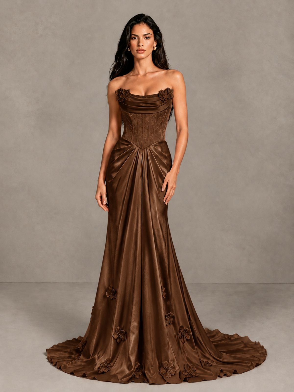 BOLODOO Brown Strapless Floral Corset Evening Gown with Train - Brown - Brown_4