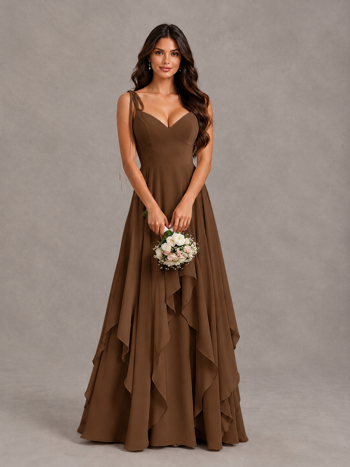 BOLODOO Brown Tie-Strap Ruffle A-Line Bridesmaid Dress - Brown - Brown_4