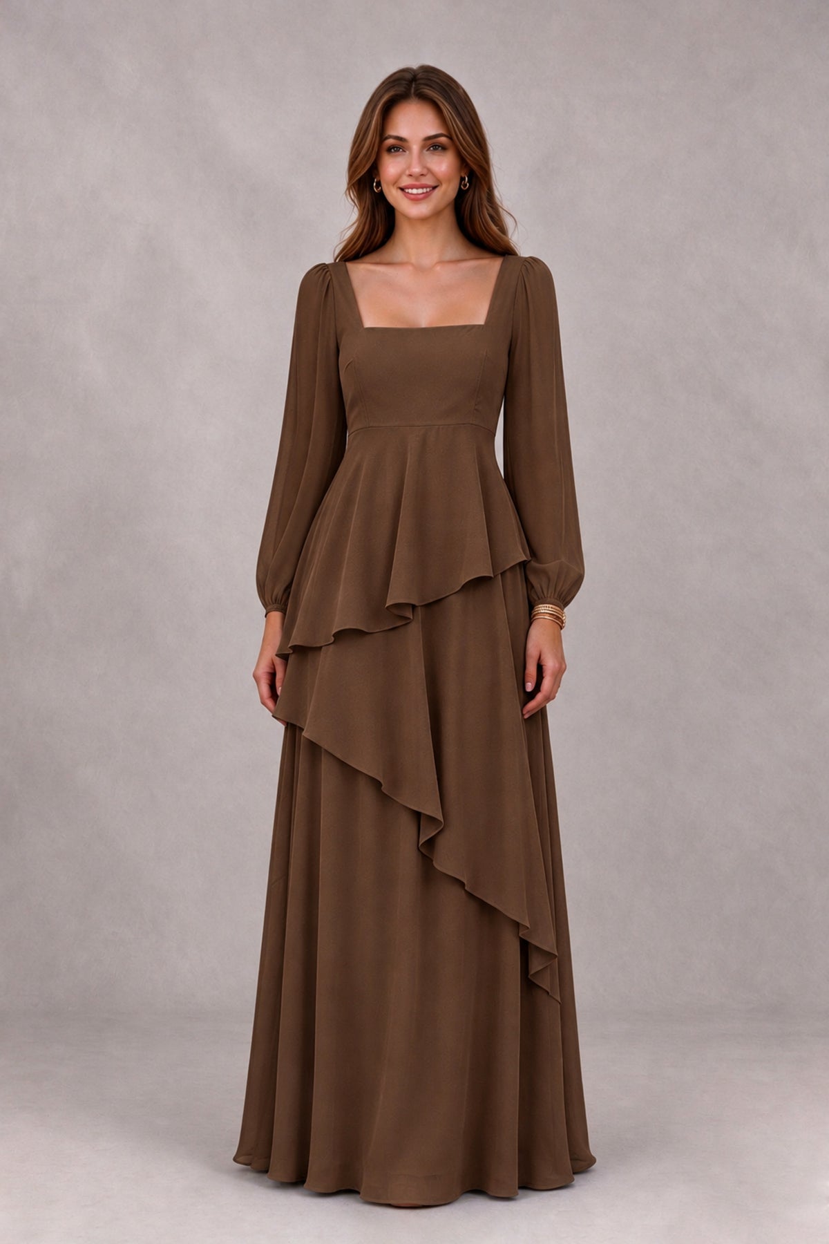 BOLODOO Brown Long Sleeve Ruffle Bridesmaid Dresses - Brown - Brown_4