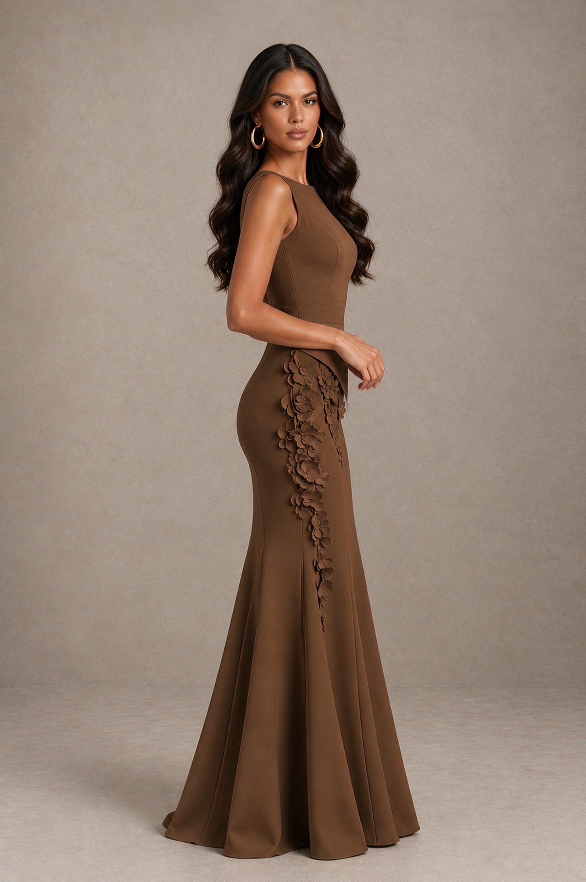 BOLODOO Brown Bateau Neck Sleeveless Asymmetric Peplum 3D Petal Appliqué Mermaid Gown BD0421 - Brown - Brown_4