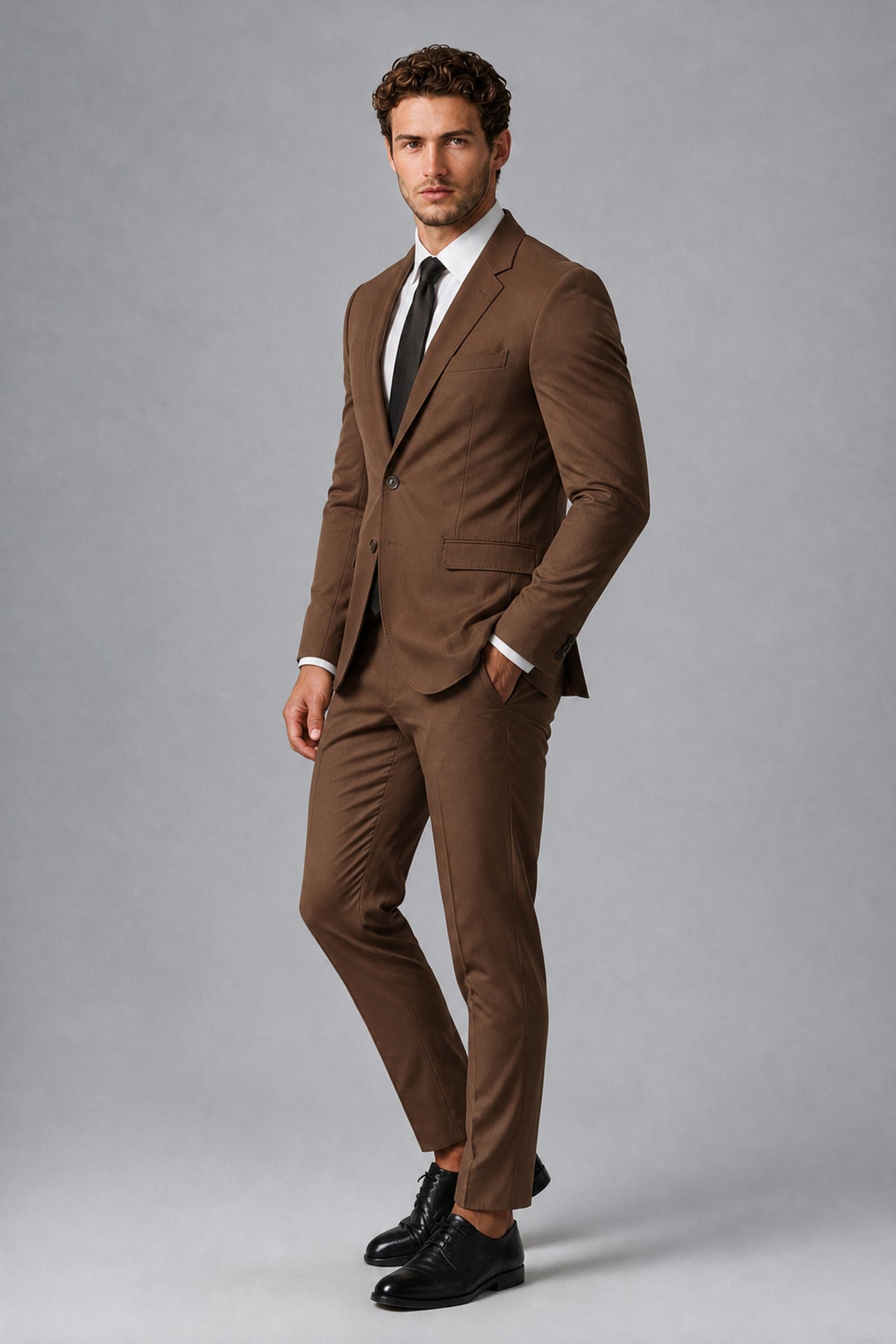 Bolodoo Men's Brown Two-Piece Suit with Notch-Lapel Jacket & Trousers - Brown - Brown_4