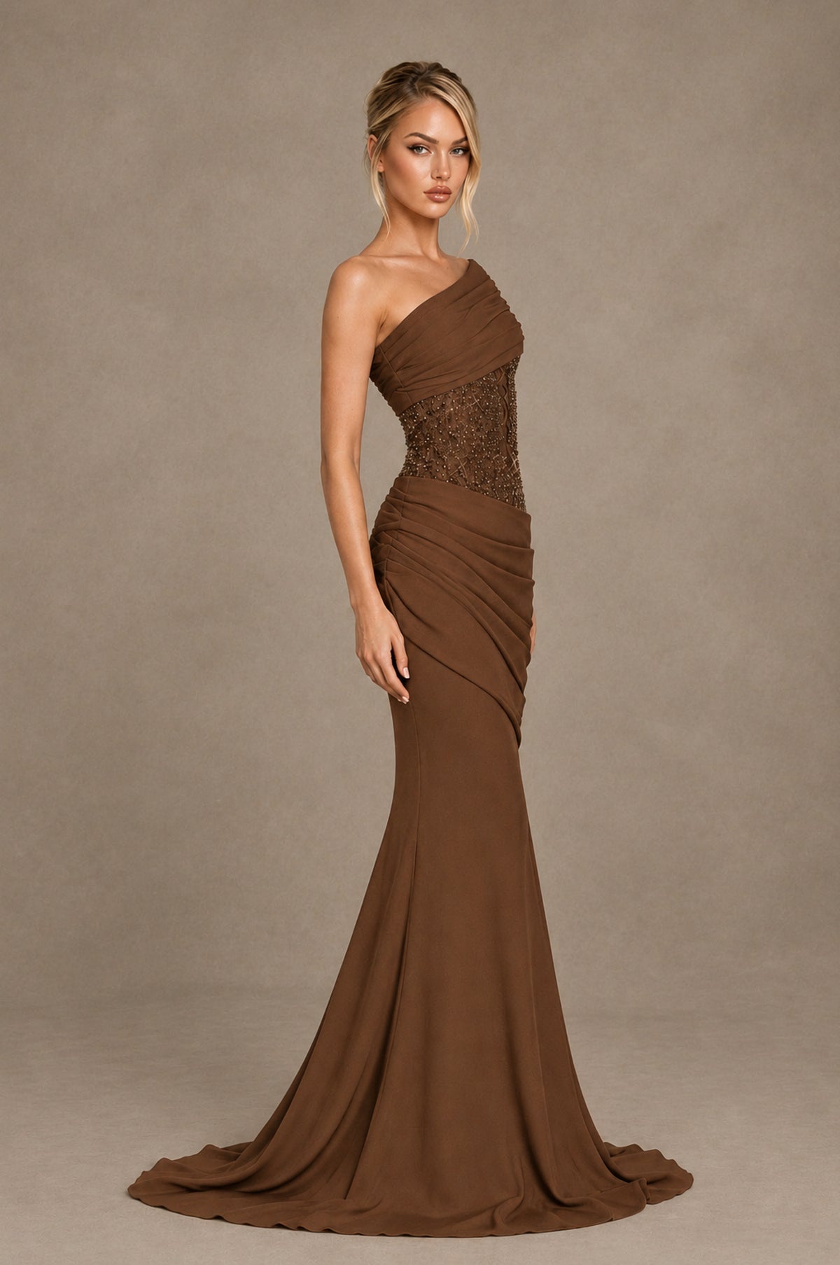 BOLODOO Brown One-Shoulder Sequin Embroidered Ruched Mermaid Gown with Train - Brown - Brown_4