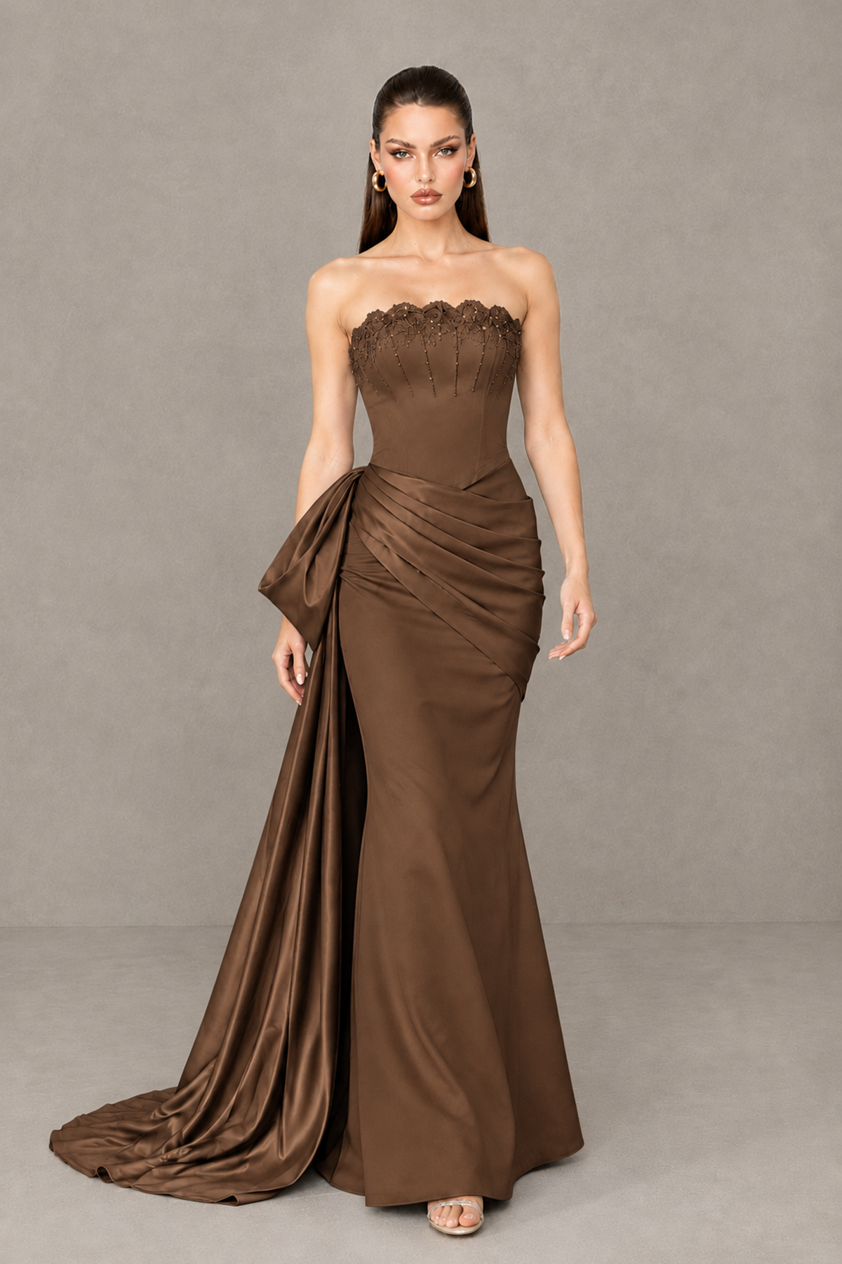 BOLODOO Brown Strapless Satin Prom Dress with Draped Side Train - Brown - Brown_4