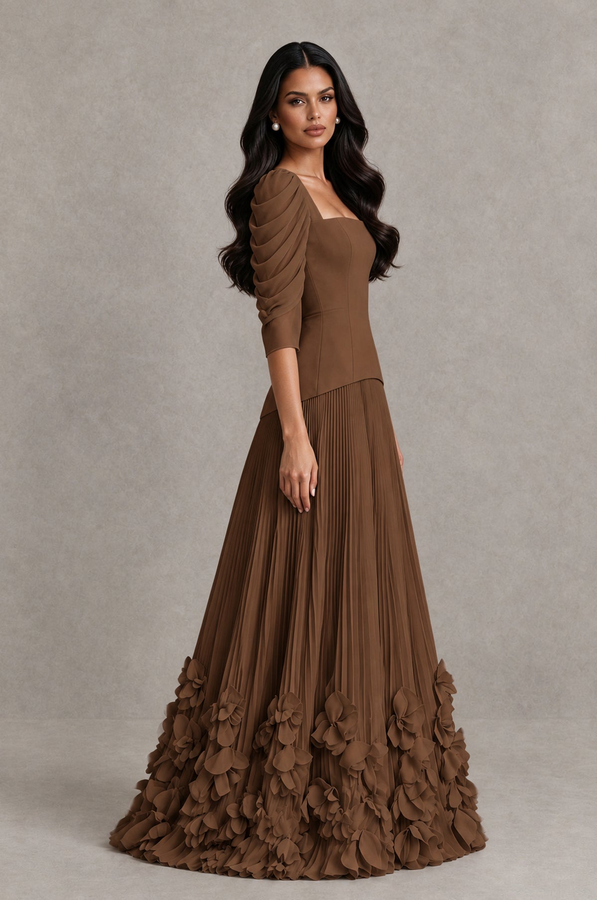 BOLODOO Brown Square Neck Pleated Floral Applique Evening Dress - Brown - Brown_4
