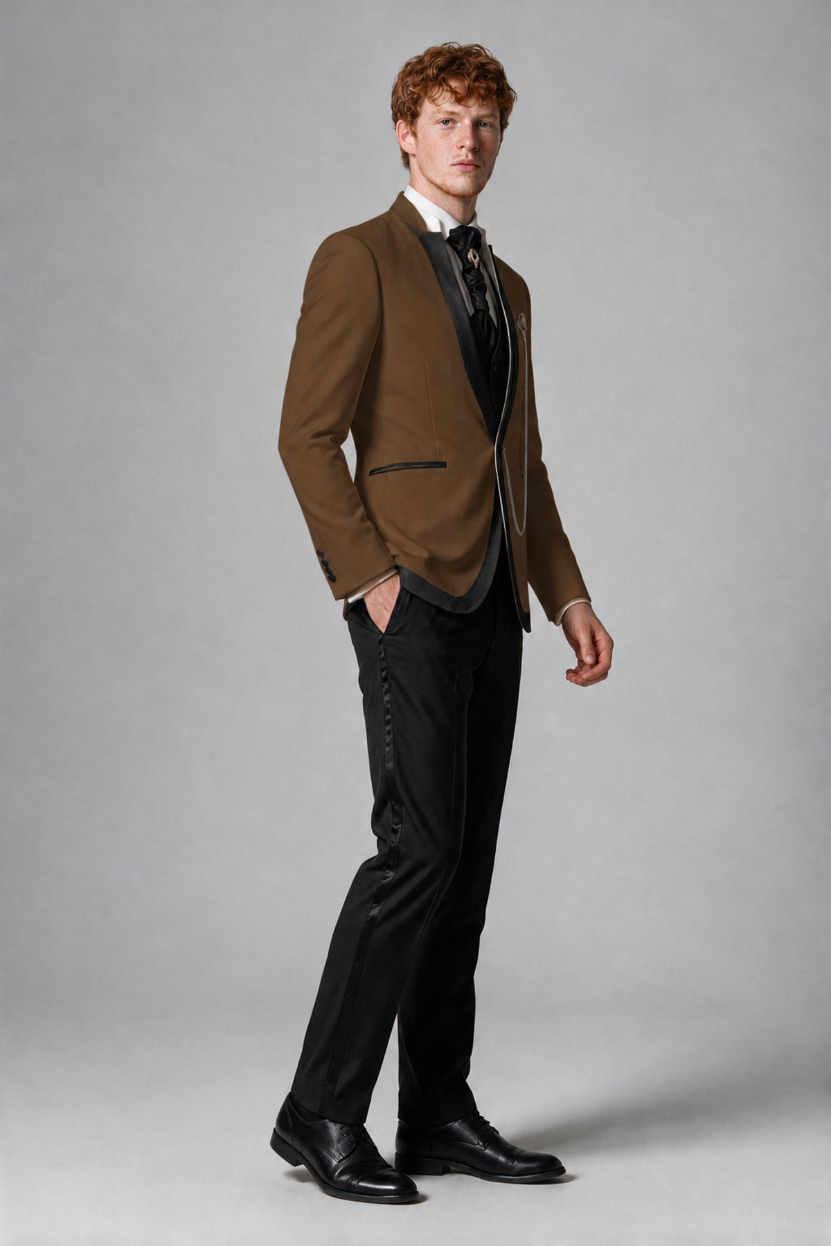 Bolodoo Men's Brown 3-Piece Shawl Lapel Tuxedo Suit with Vest - Brown - Brown_4