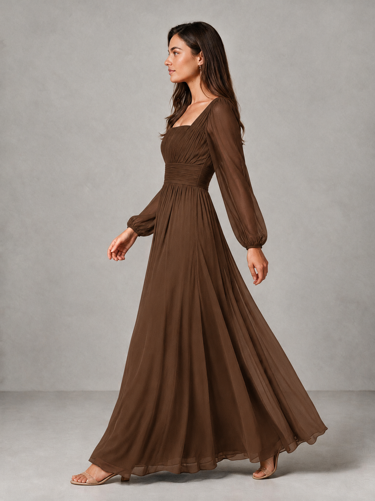 BOLODOO Brown Square Neck Long Sleeve Chiffon Bridesmaid Dress - Brown - Brown_4