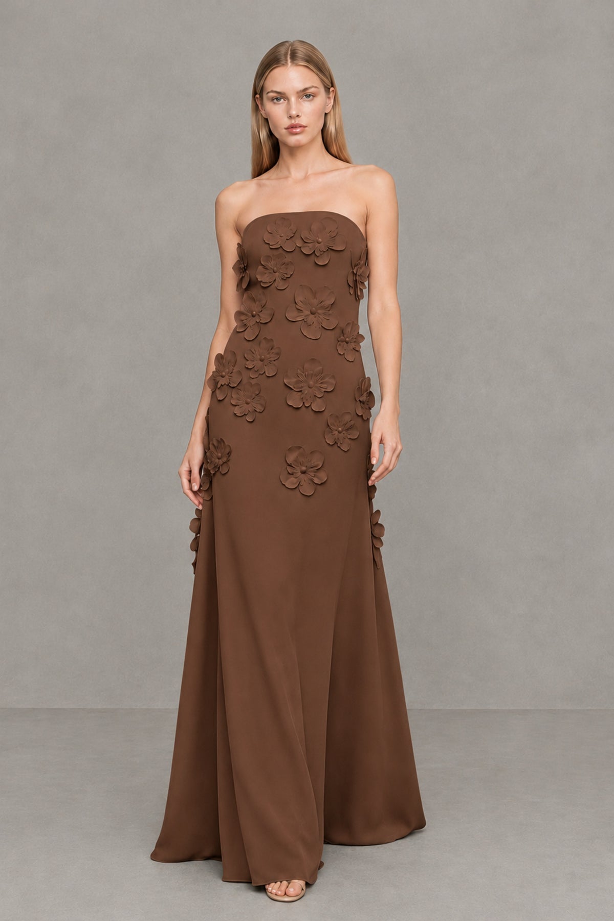 BOLODOO Brown Strapless 3D Floral Appliqué Crepe Maxi Gown - Brown - Brown_4