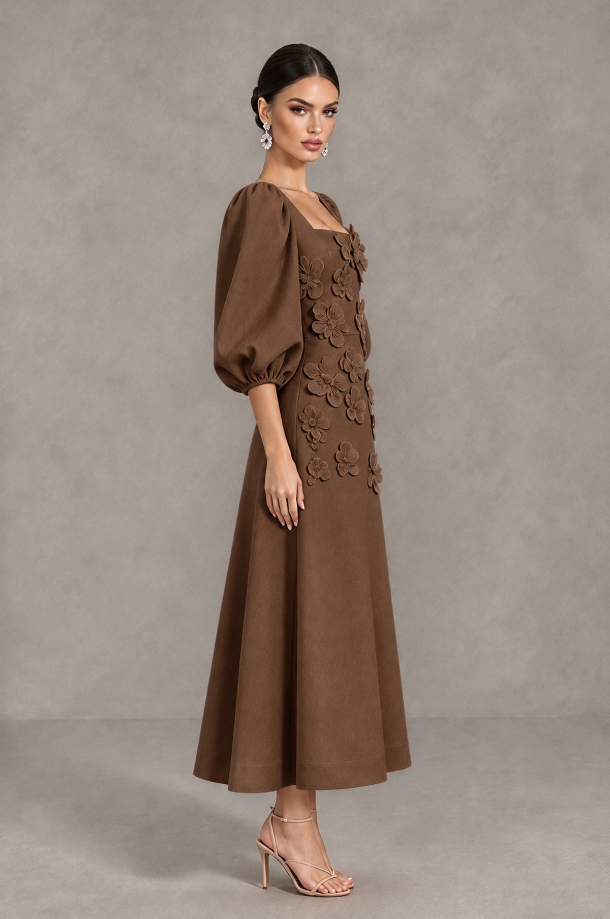 BOLODOO Brown 3D Floral Puff Sleeve Midi Cocktail Dress - Brown - Brown_4