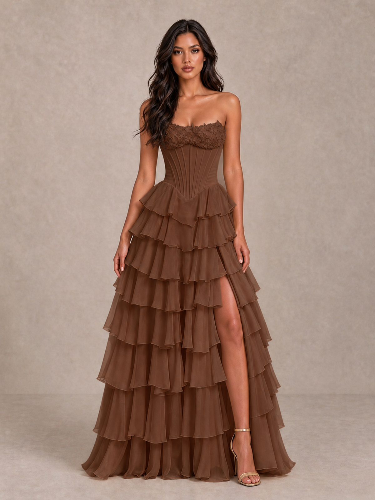 BOLODOO Brown Strapless Corset Tiered Ruffle Prom Dress with High Slit - Brown - Brown_4