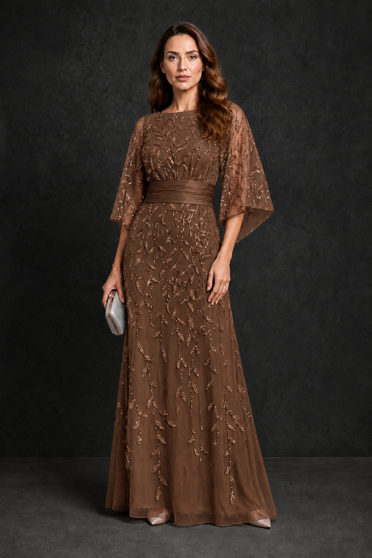 BOLODOO Brown Bateau Neck Bell Sleeve Sequin Embroidered Satin Waist A-Line Maxi Dress - Brown - Brown_4