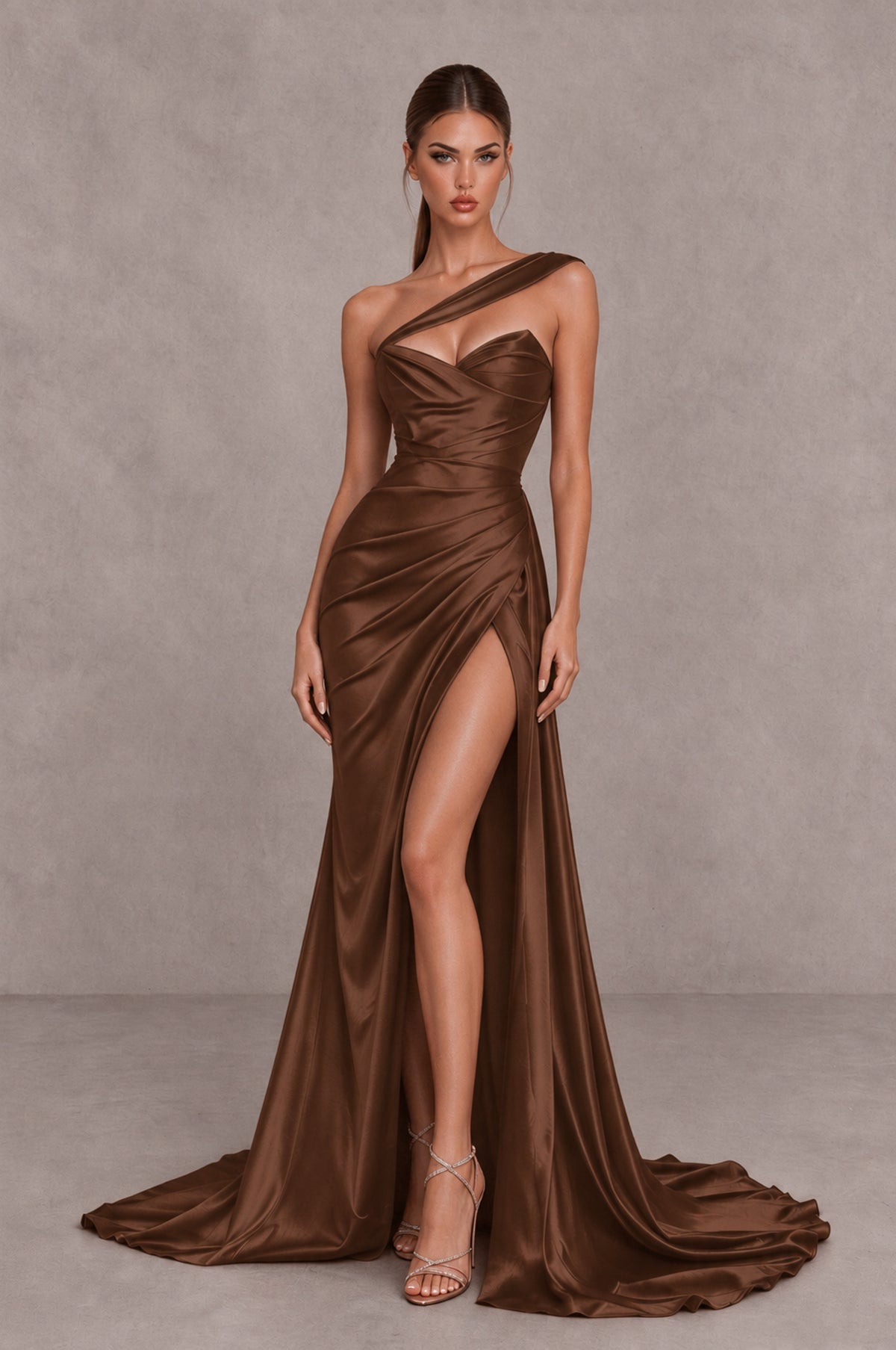 BOLODOO Brown One Shoulder Satin Mermaid Evening Dress with Ruched Slit Skirt - Brown - Brown_4
