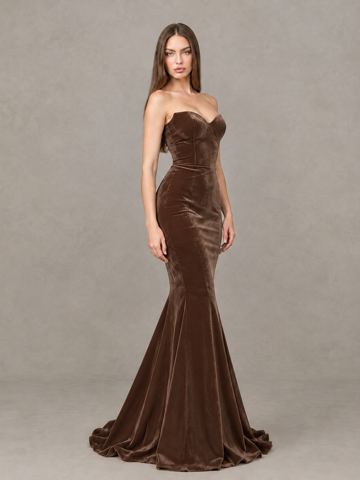 BOLODOO Brown Strapless Sweetheart Velvet-Look Mermaid Evening Dress - Brown - Brown_4
