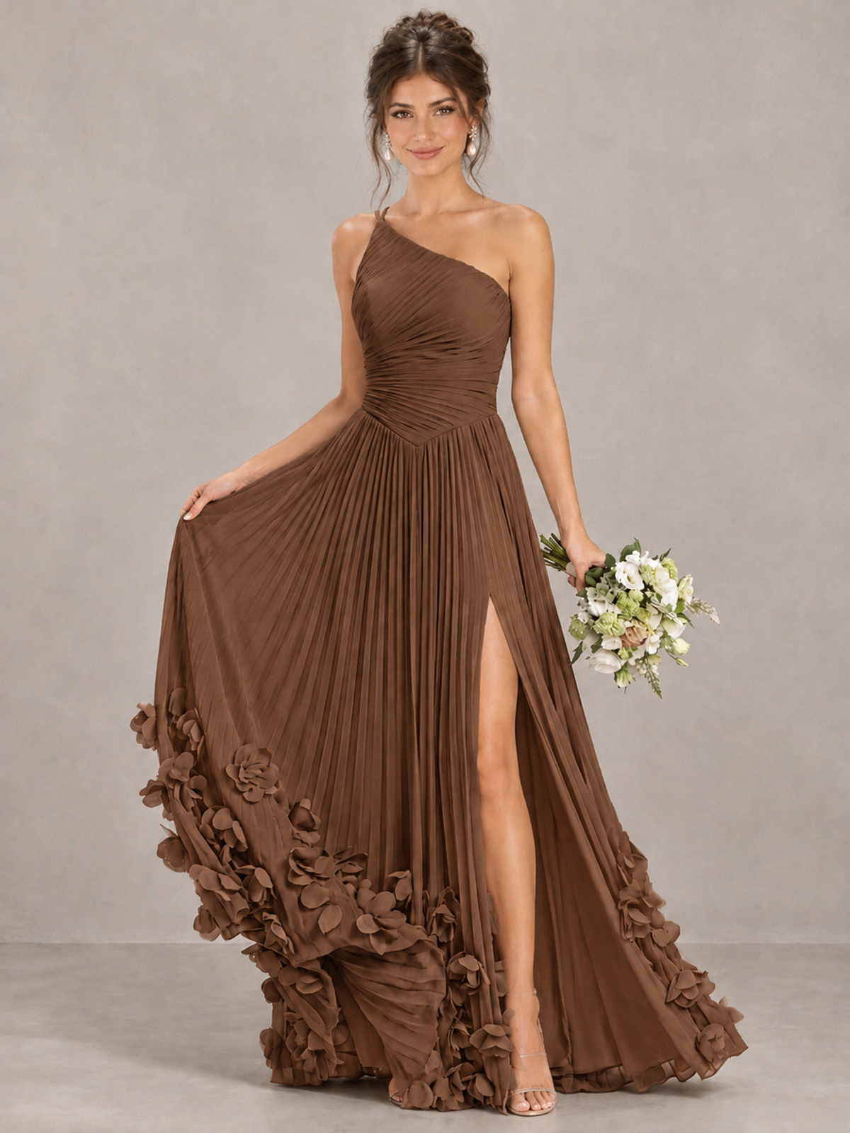 BOLODOO Brown One-Shoulder Pleated Bridesmaid Dress with 3D Floral Hem - Brown - Brown_4