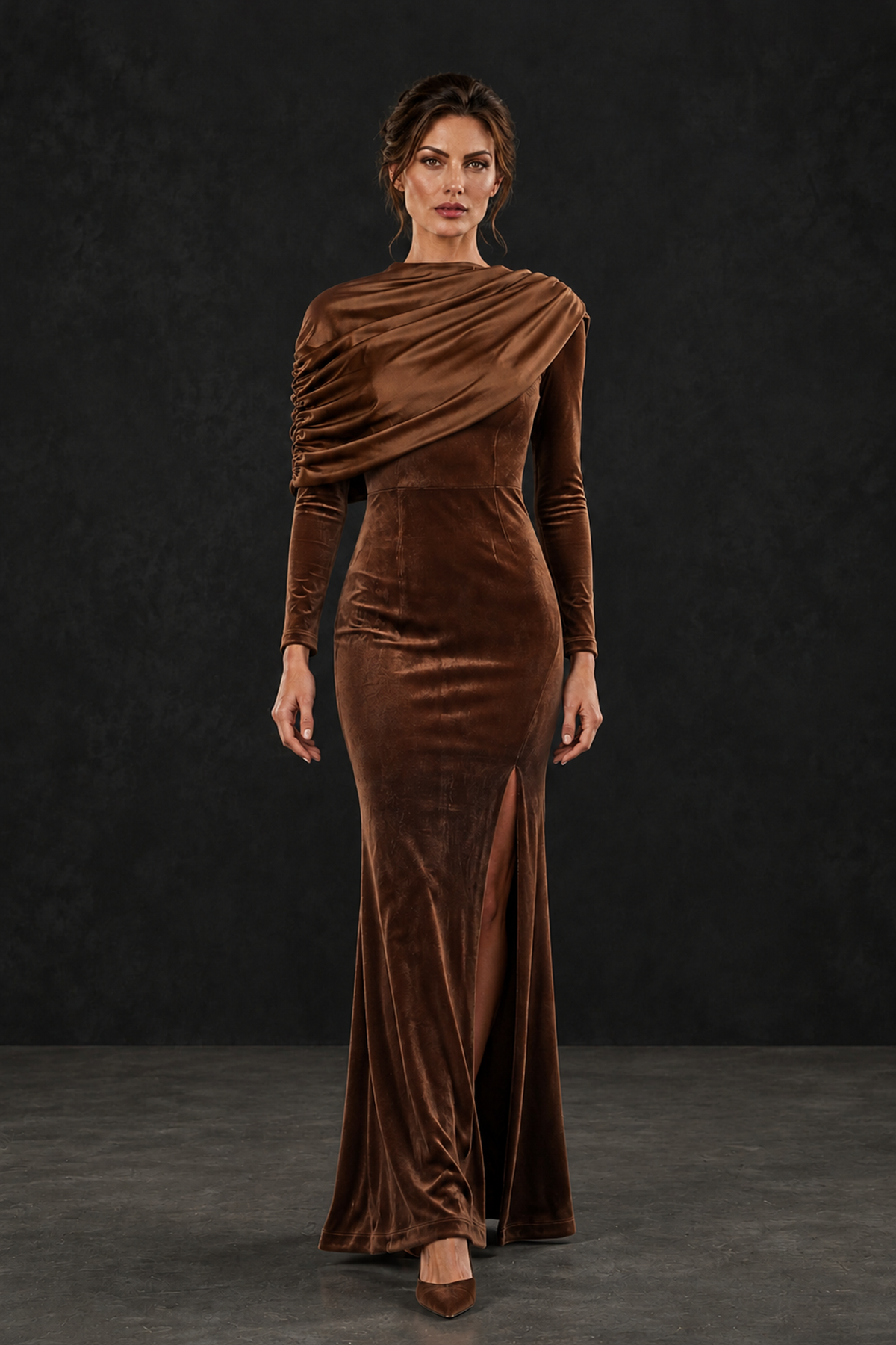 BOLODOO Brown Velvet Long Sleeve Draped Mother of the Bride Dress - Brown - Brown_4