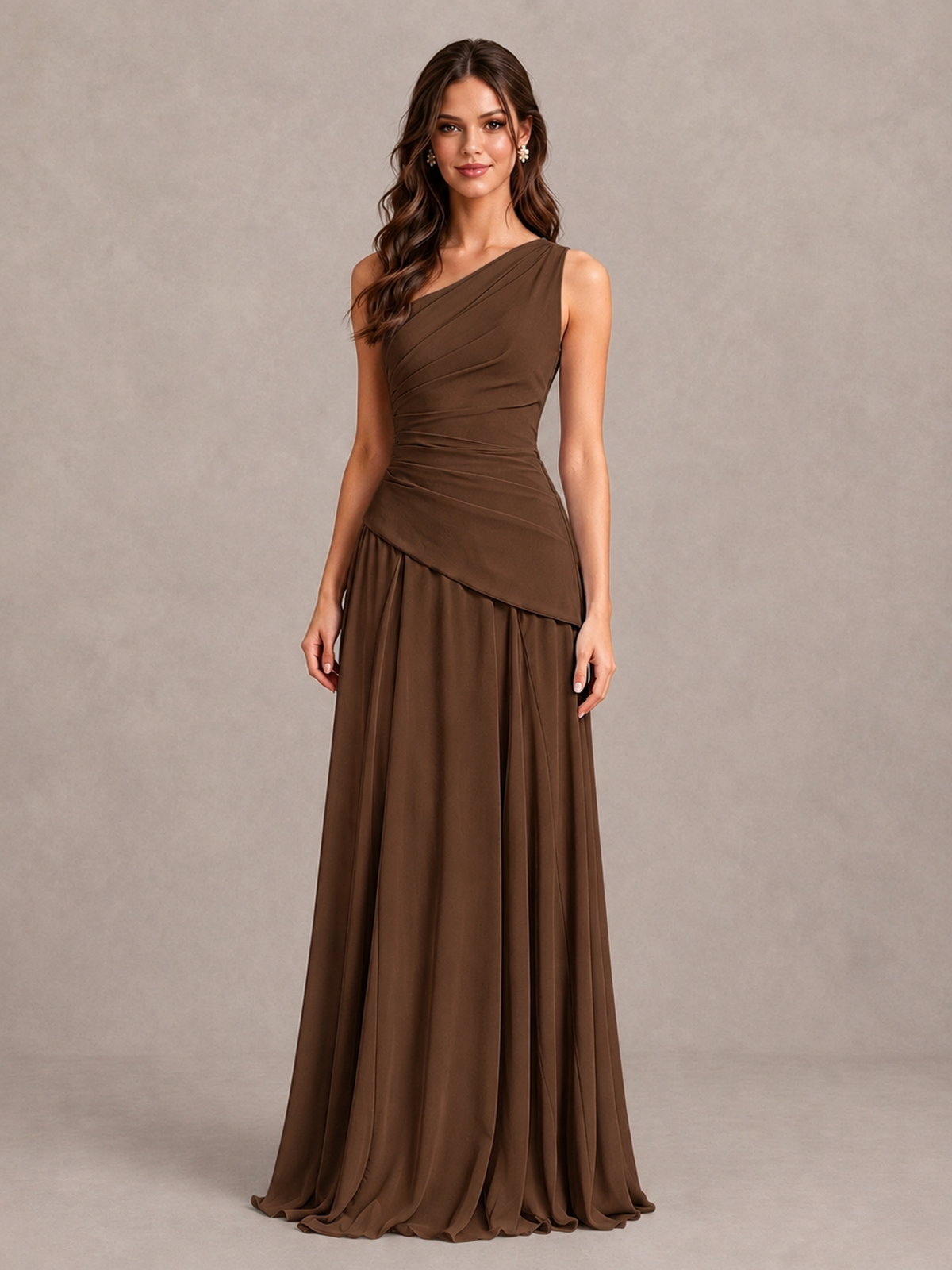 BOLODOO Brown One-Shoulder Lace-Up Back Bridesmaid Dress - Brown - Brown_4