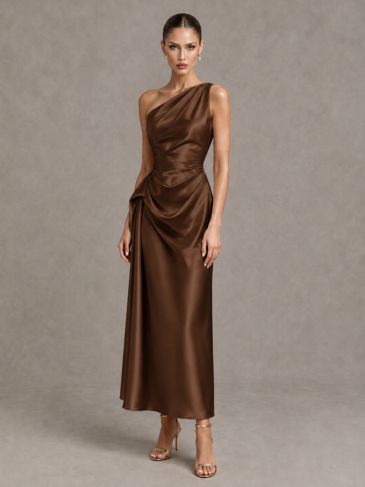 BOLODOO Brown One Shoulder Satin Cocktail Dress with Draped A-Line Skirt - Brown - Brown_4
