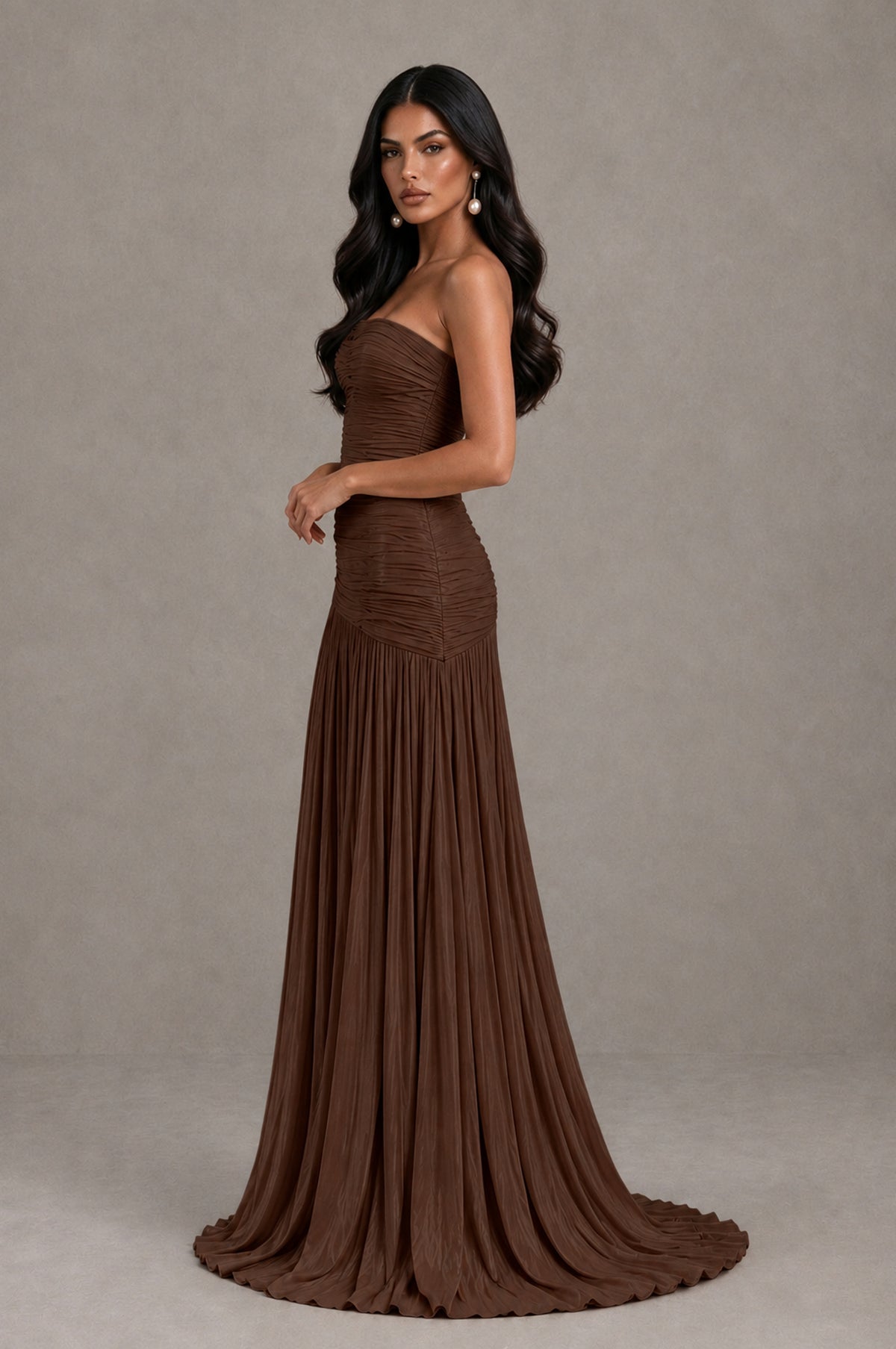 BOLODOO Brown Metallic Ruched Strapless Pleated A-Line Backless Maxi Dress with Train - Brown - Brown_4