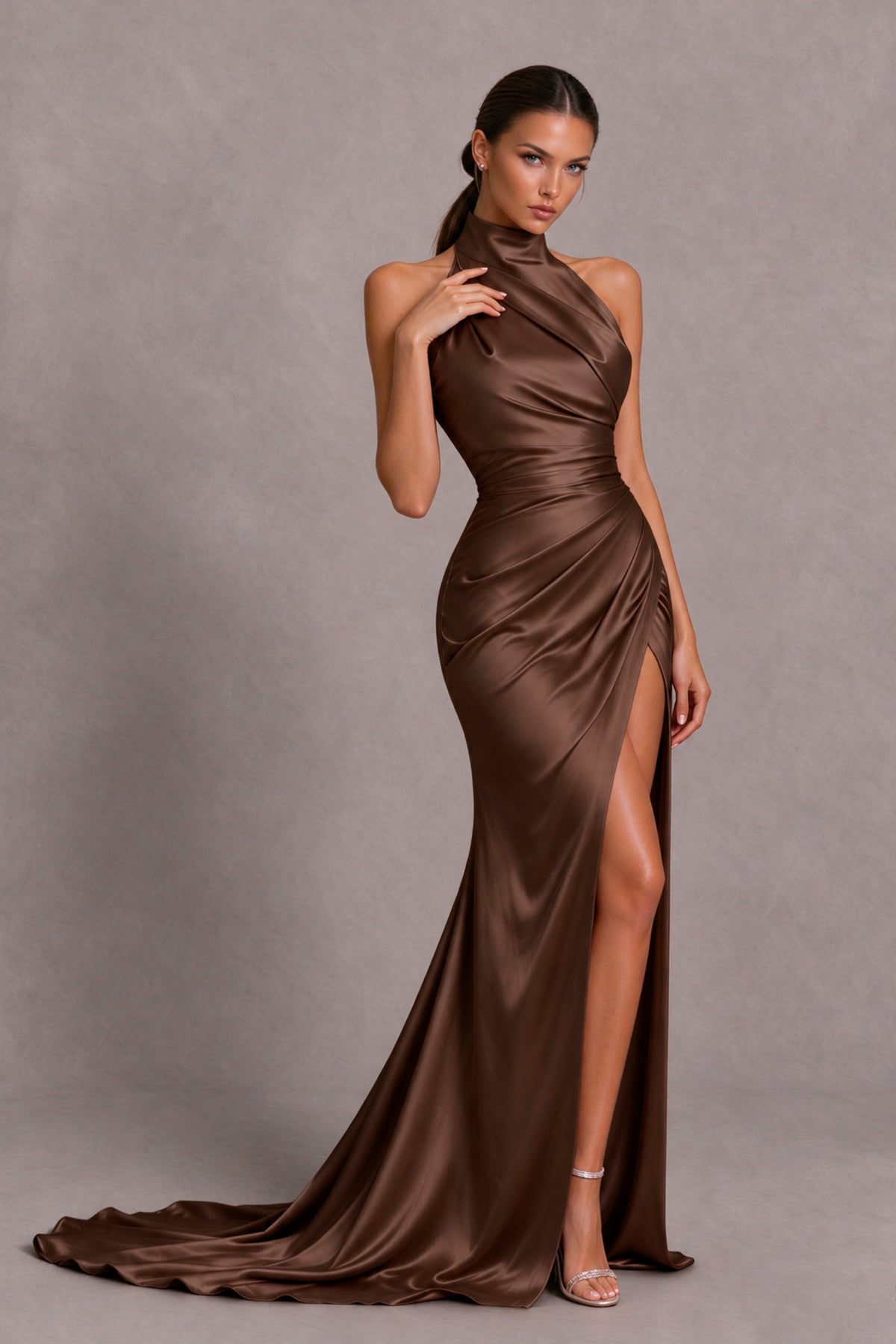 BOLODOO Brown Halter Satin-Look Evening Gown with High Slit - Brown - Brown_4