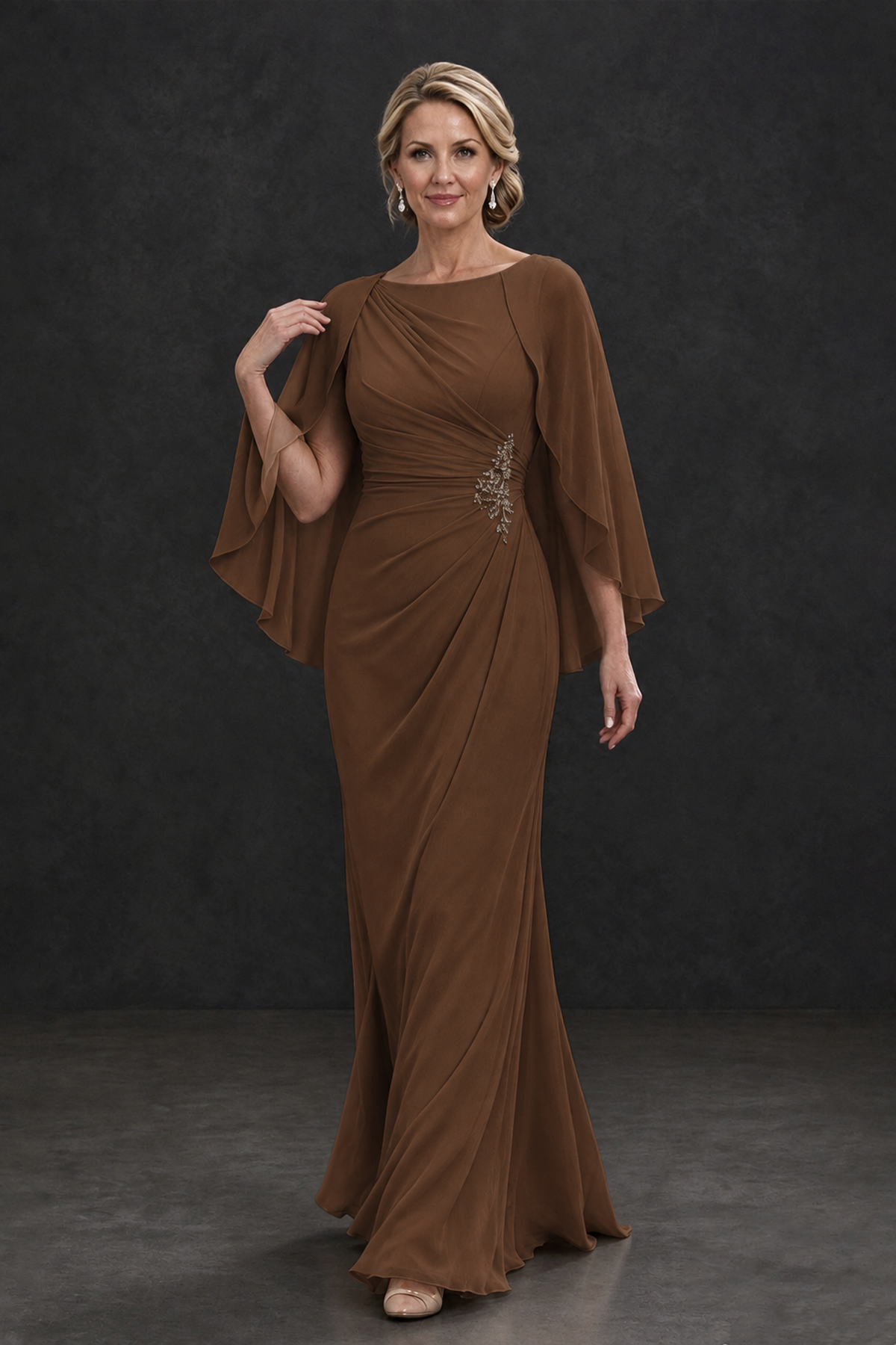BOLODOO Brown Cape Sleeve Mother of the Bride Dress with Ruched Waist - Brown - Brown_4