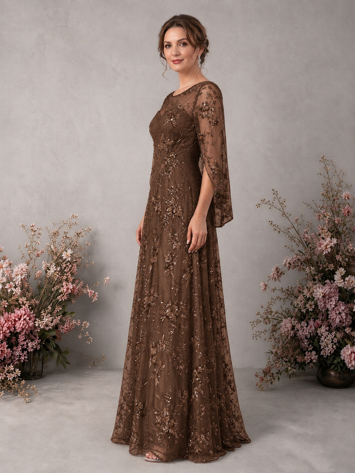 BOLODOO Brown Sequin Lace Cape Sleeve Formal Evening Gown - Brown - Brown_4