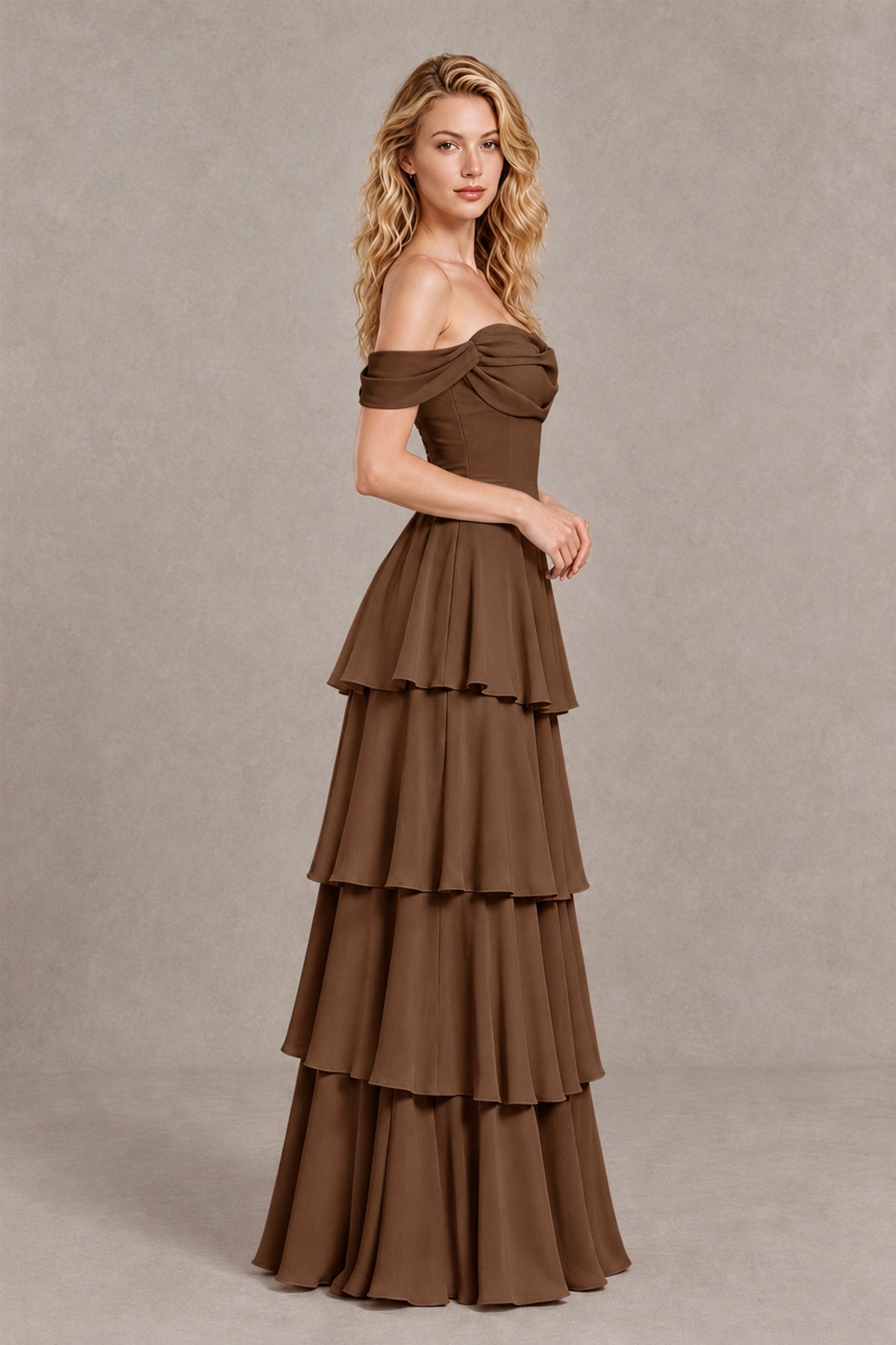 BOLODOO Brown Off-the-Shoulder Tiered A-Line Evening Bridesmaid Dress - Brown - Brown_4