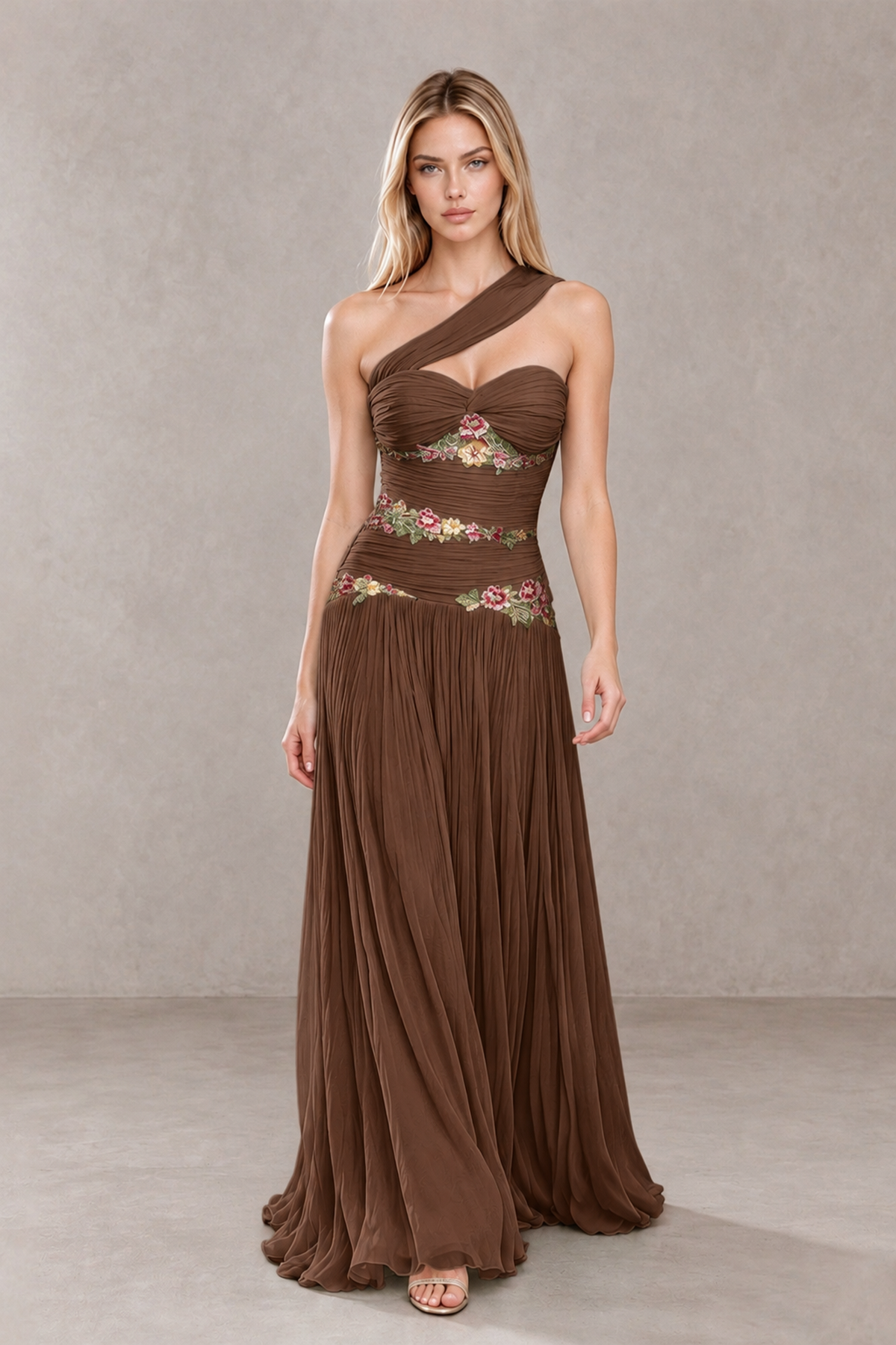 BOLODOO Brown One-Shoulder Floral Applique A-Line Evening Dress - Brown - Brown_4