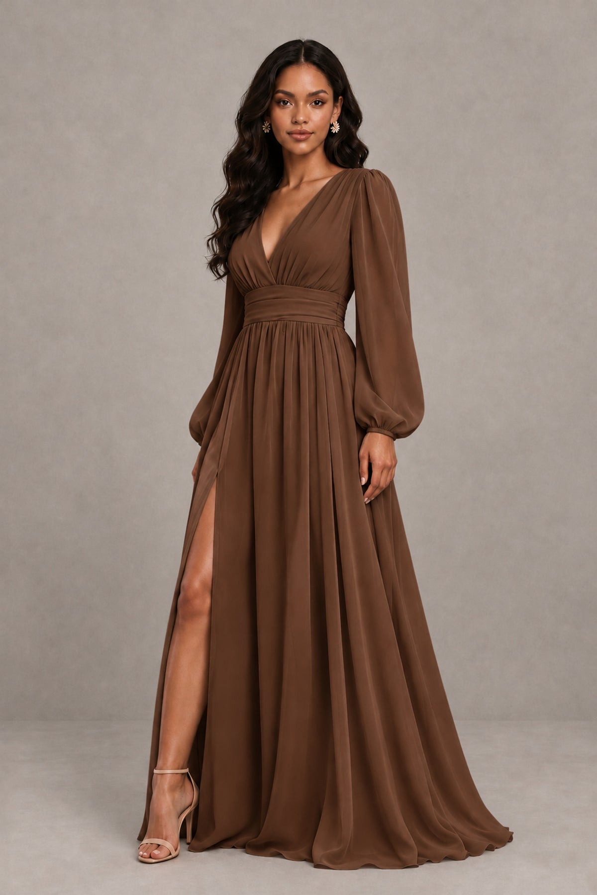 BOLODOO Brown Long Sleeve V-Neck A-Line Gown with Open Back & Slit - Brown - Brown_4