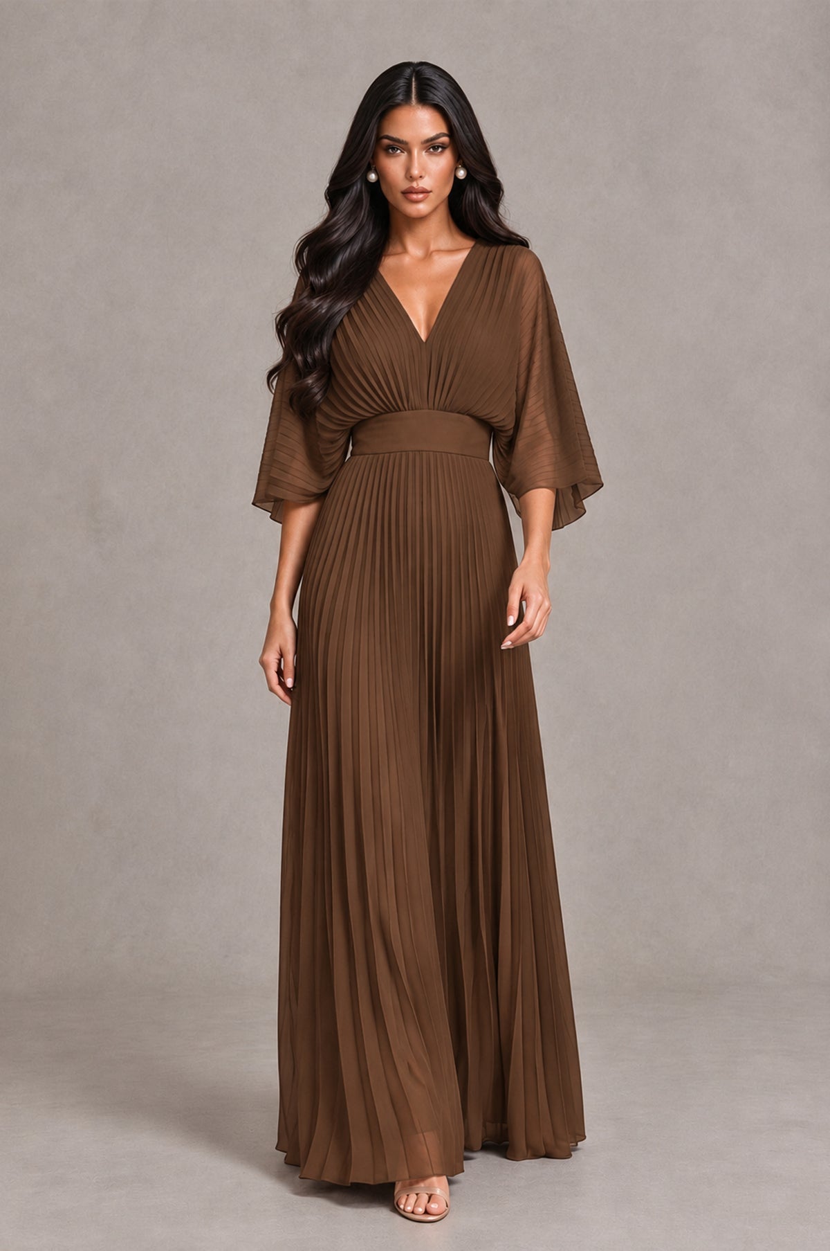 BOLODOO Brown V-Neck Pleated Flutter Sleeve Formal Dress - Brown - Brown_4