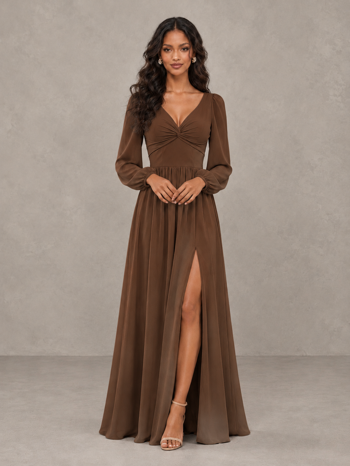 BOLODOO Brown V-Neck Long Sleeve Bridesmaid Dress with Tie Back and Slit - Brown - Brown_4
