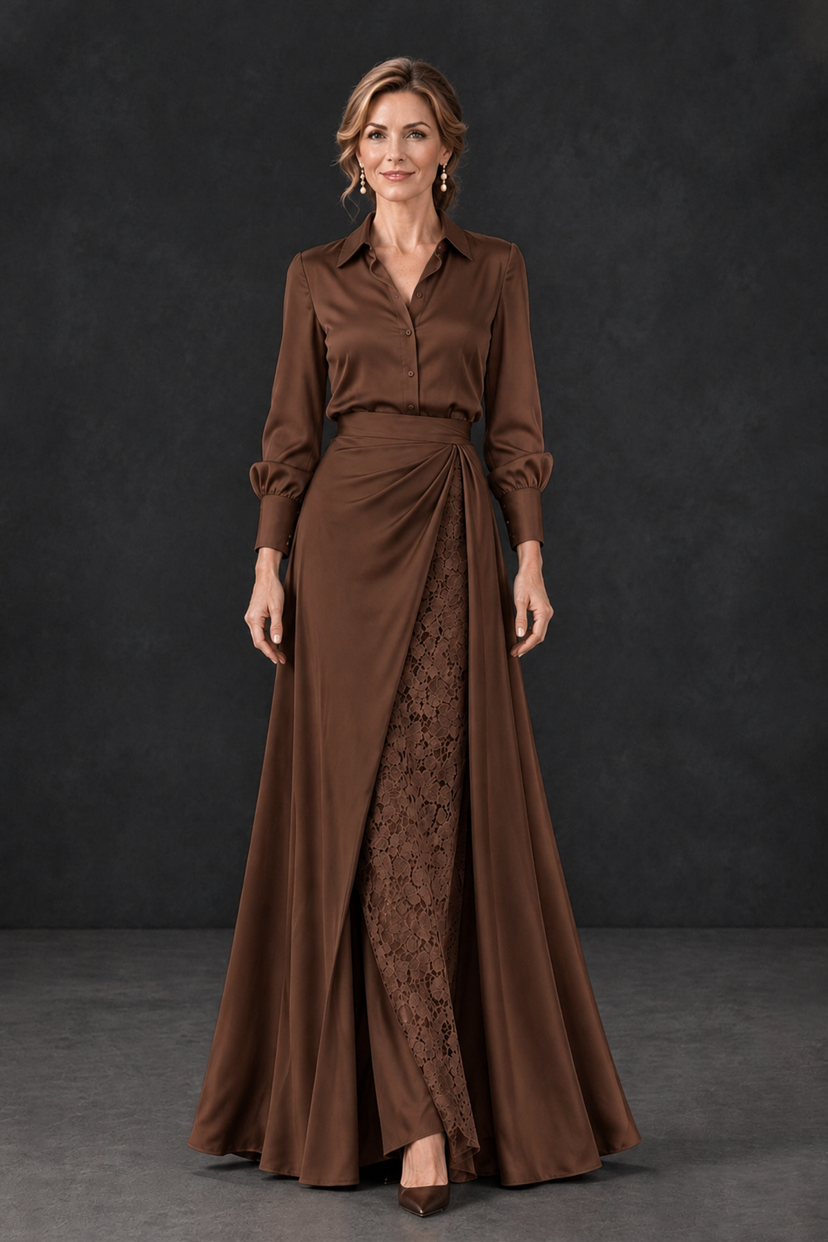 BOLODOO Brown Long Sleeve Satin-Look Lace Panel Gown - Brown - Brown_4
