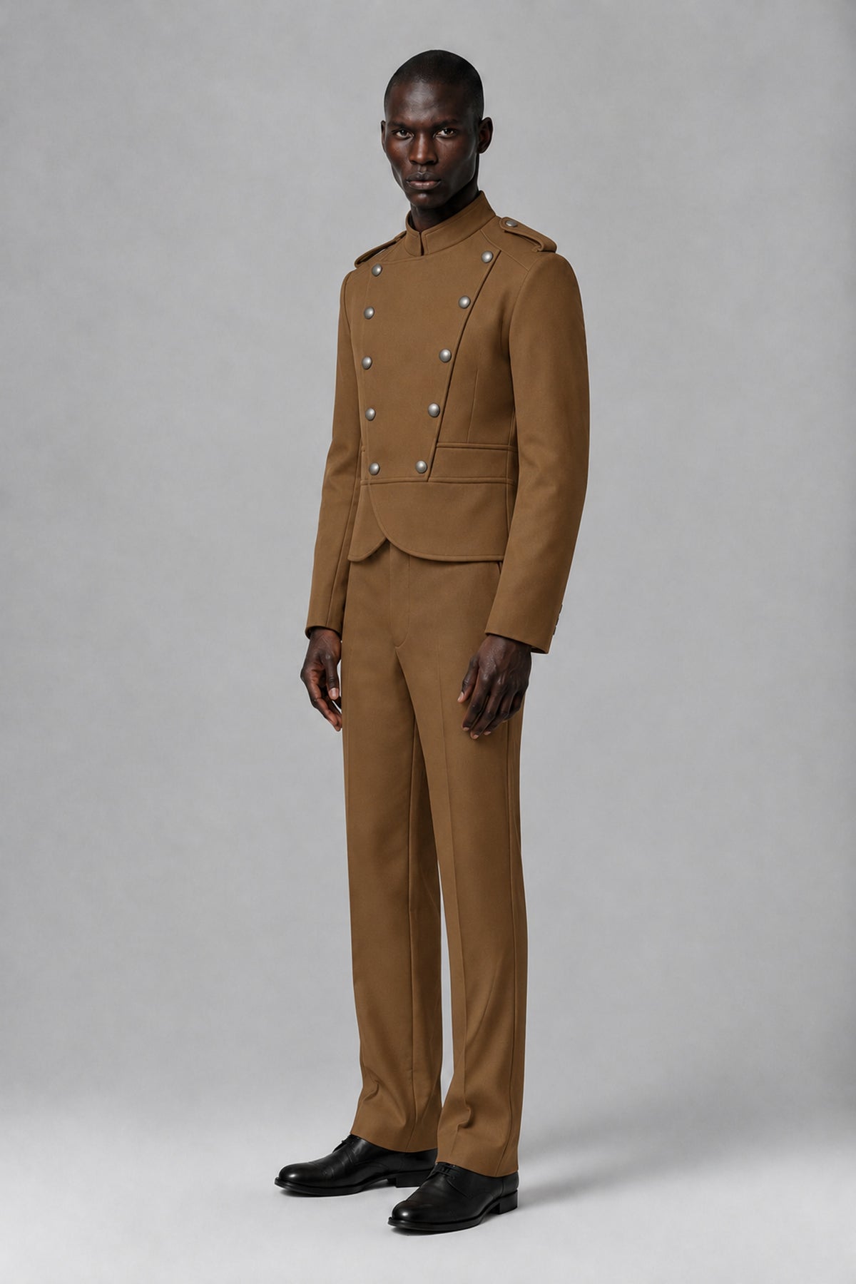Bolodoo Men's Brown Military-Inspired Two-Piece Suit with Stand Collar - Brown - Brown_4