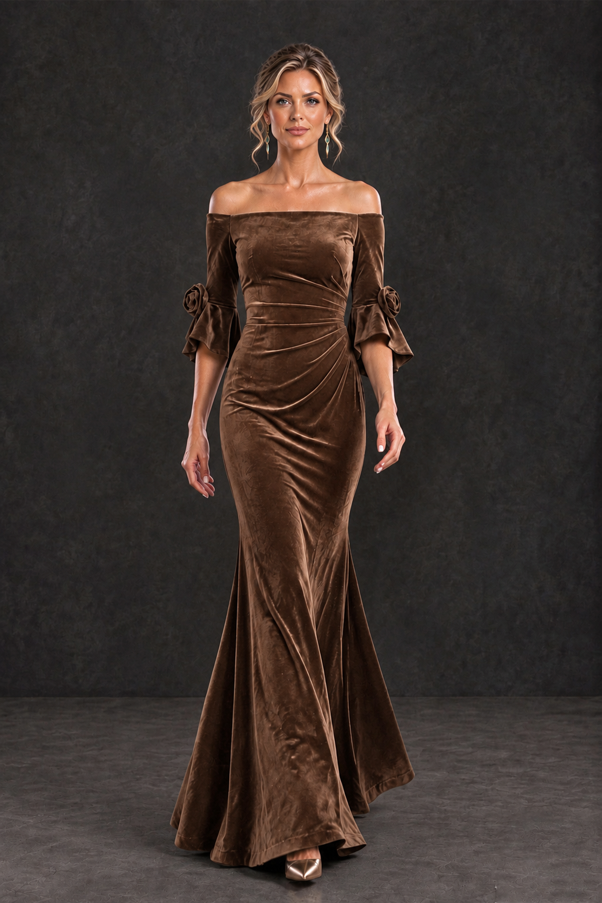 BOLODOO Brown Velvet Off-Shoulder Mother of the Bride Dress – 3/4 Floral Cuff Sleeve Mermaid Evening Gown - Brown - Brown_4