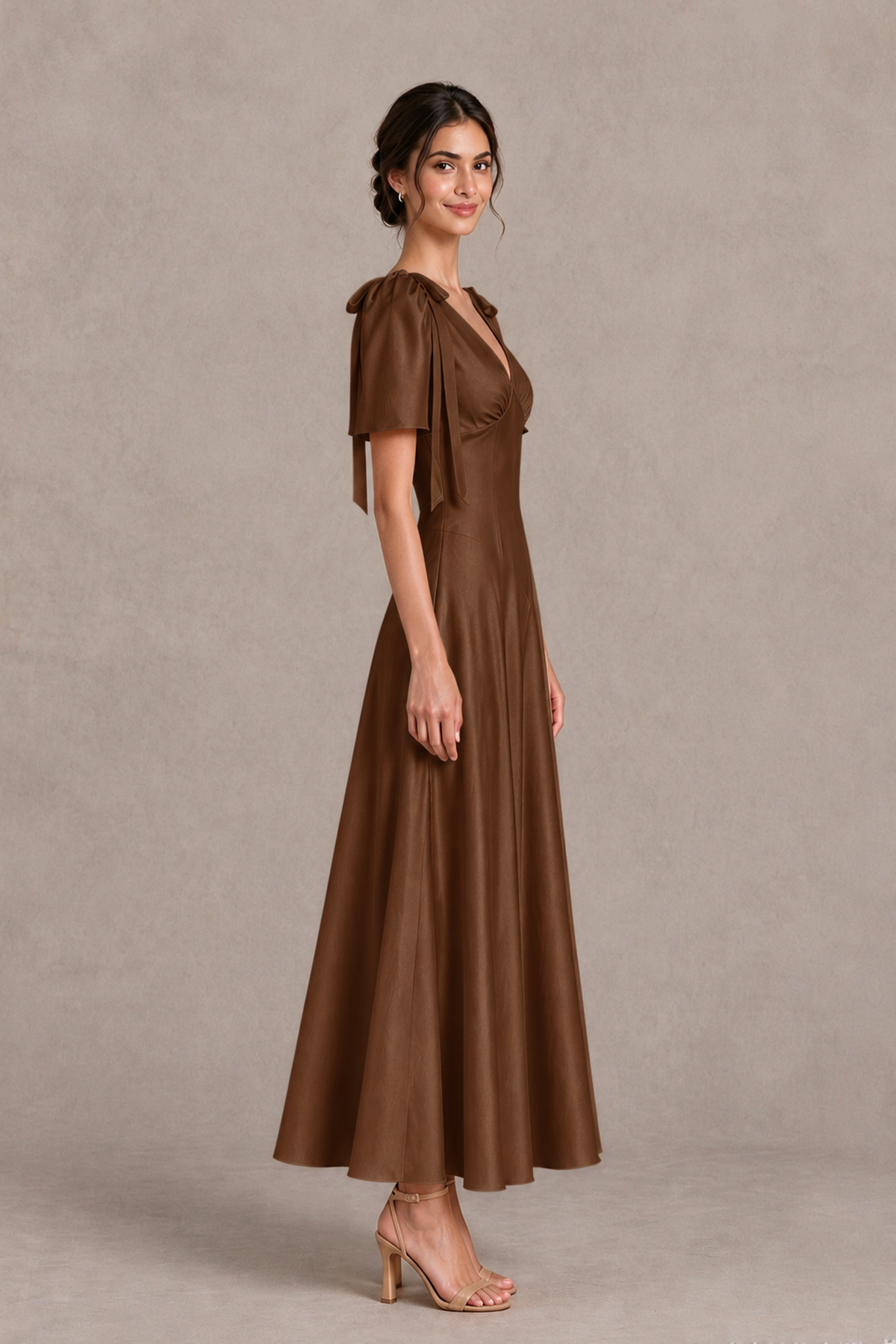 BOLODOO Brown V-Neck Short Sleeve Satin-Look Bridesmaid Dress with Shoulder Bows - Brown - Brown_4