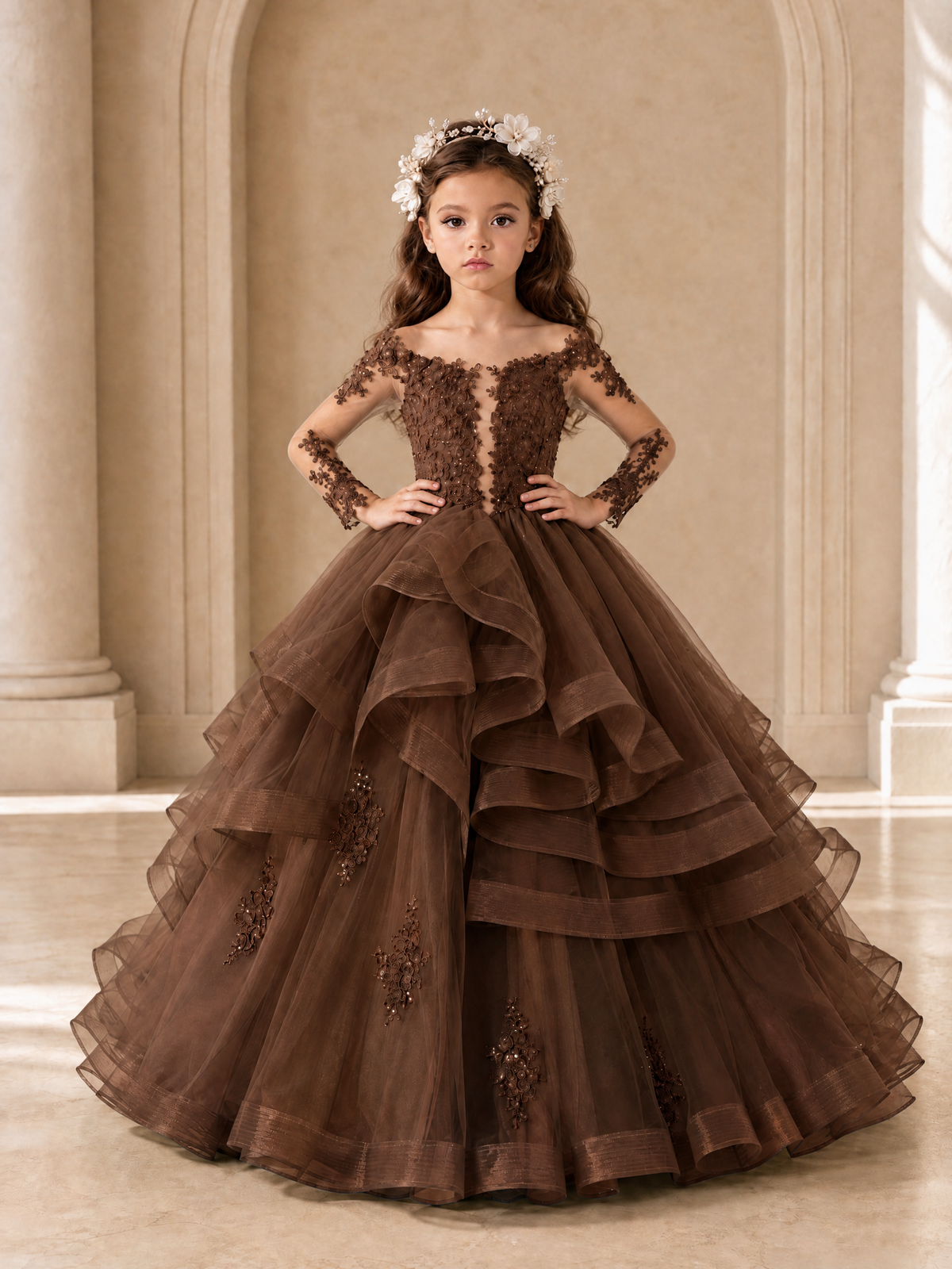 BOLODOO Brown Lace Long Sleeve Tiered Flower Girl Dress - Brown - Brown_4