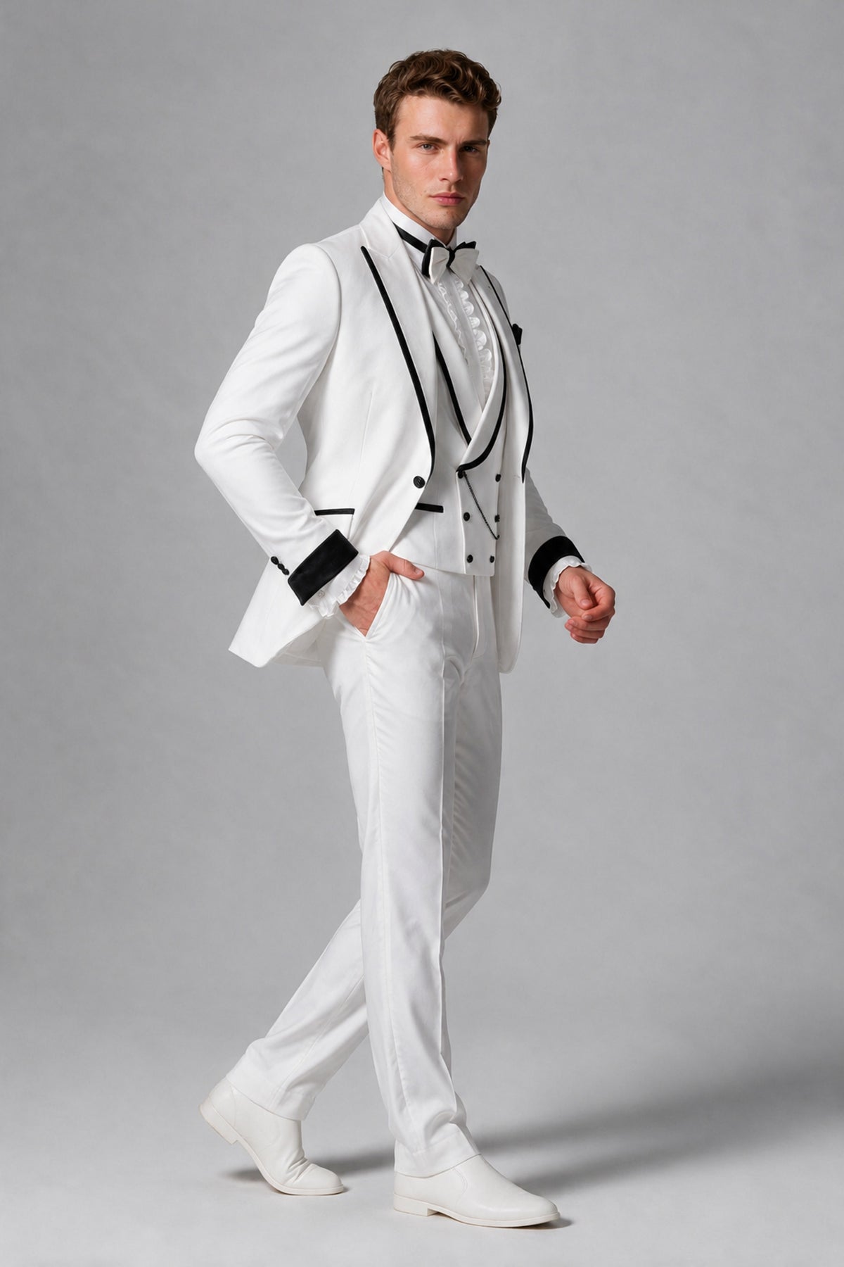 Bolodoo Men's White and Brown Three-Piece Wedding Tuxedo Suit - Brown - Brown_4