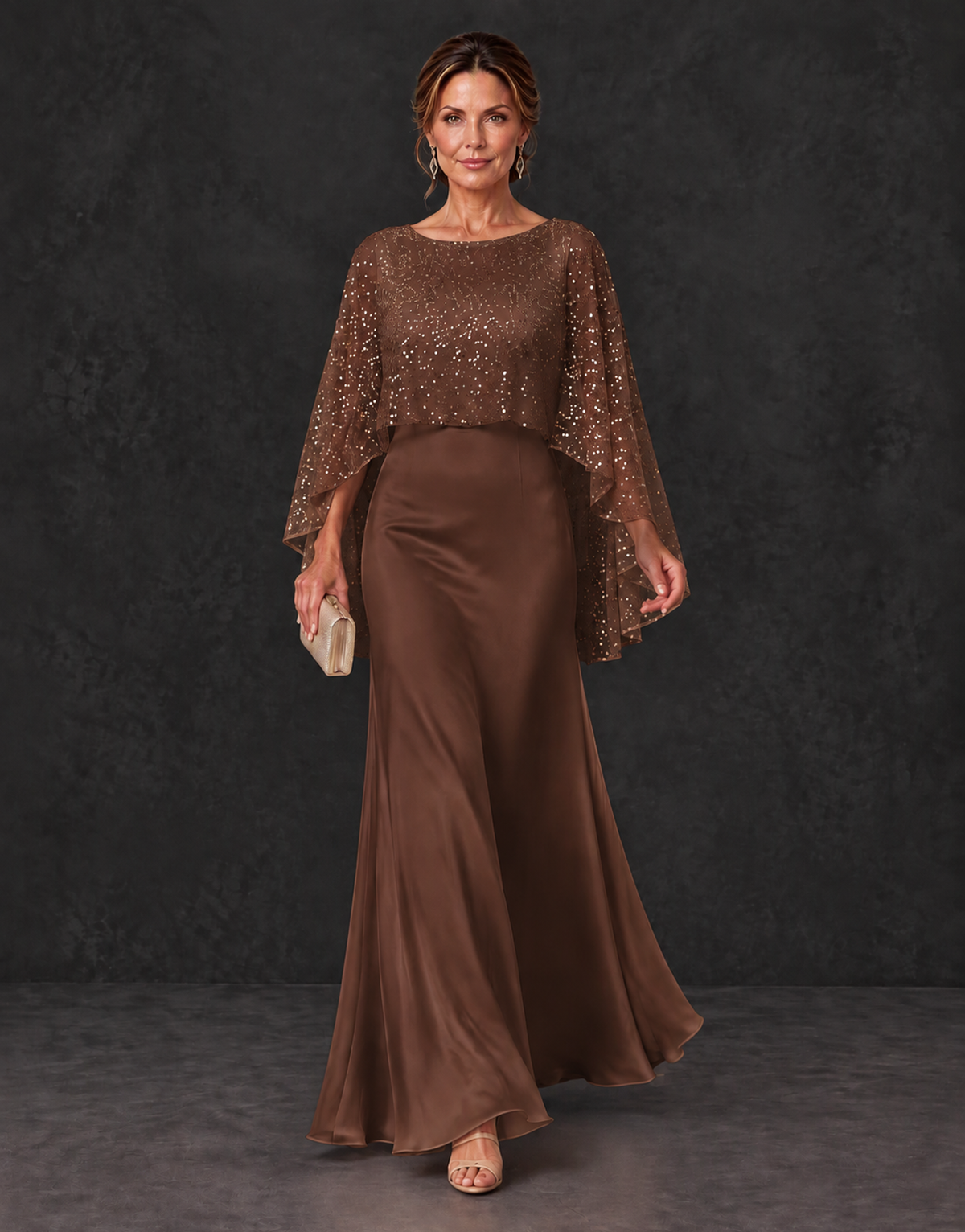 BOLODOO Brown Sparkle Cape Sleeve Mother of the Bride Dress - Brown - Brown_4