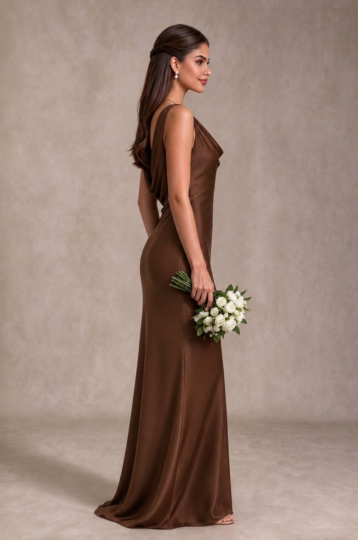 BOLODOO Brown Cowl Neck Open Back Satin Bridesmaid Dress - Brown - Brown_4