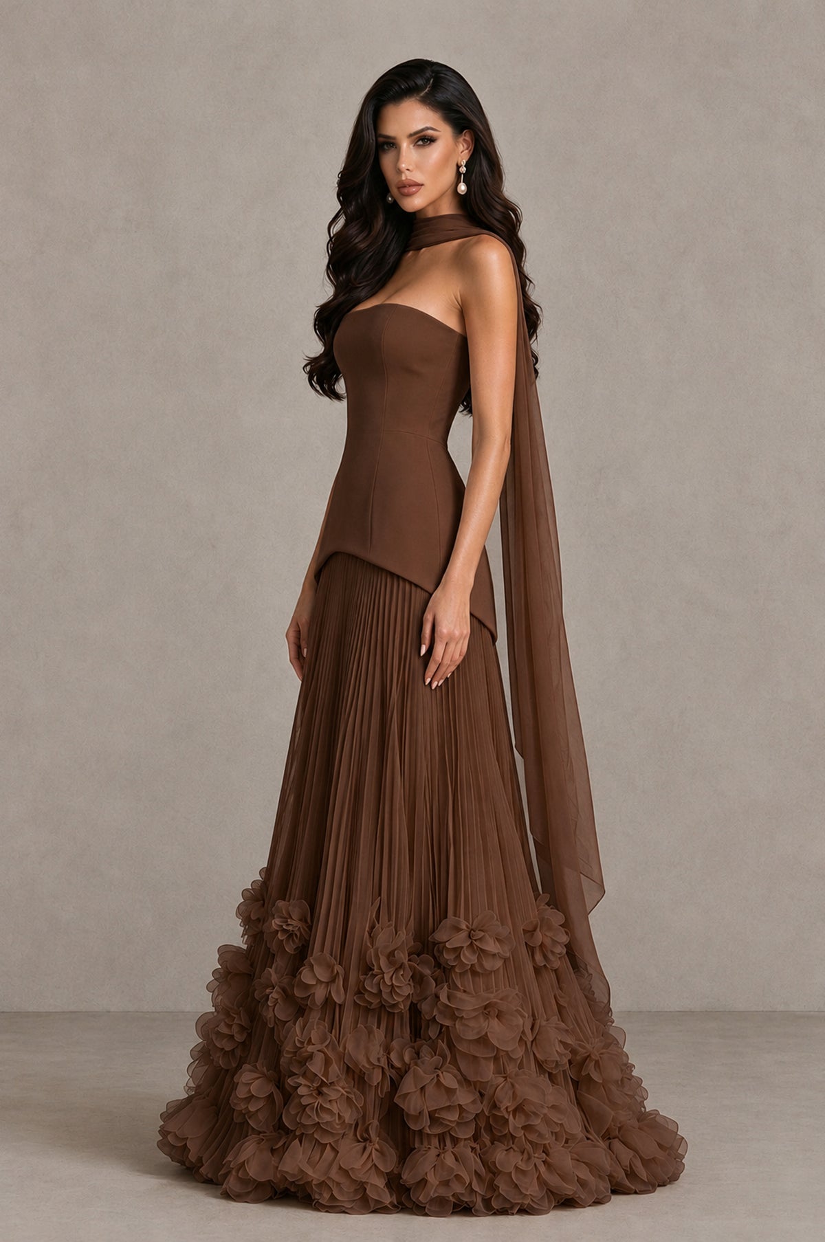 BOLODOO Brown Strapless Pleated Floral Hem Evening Gown - Brown - Brown_4
