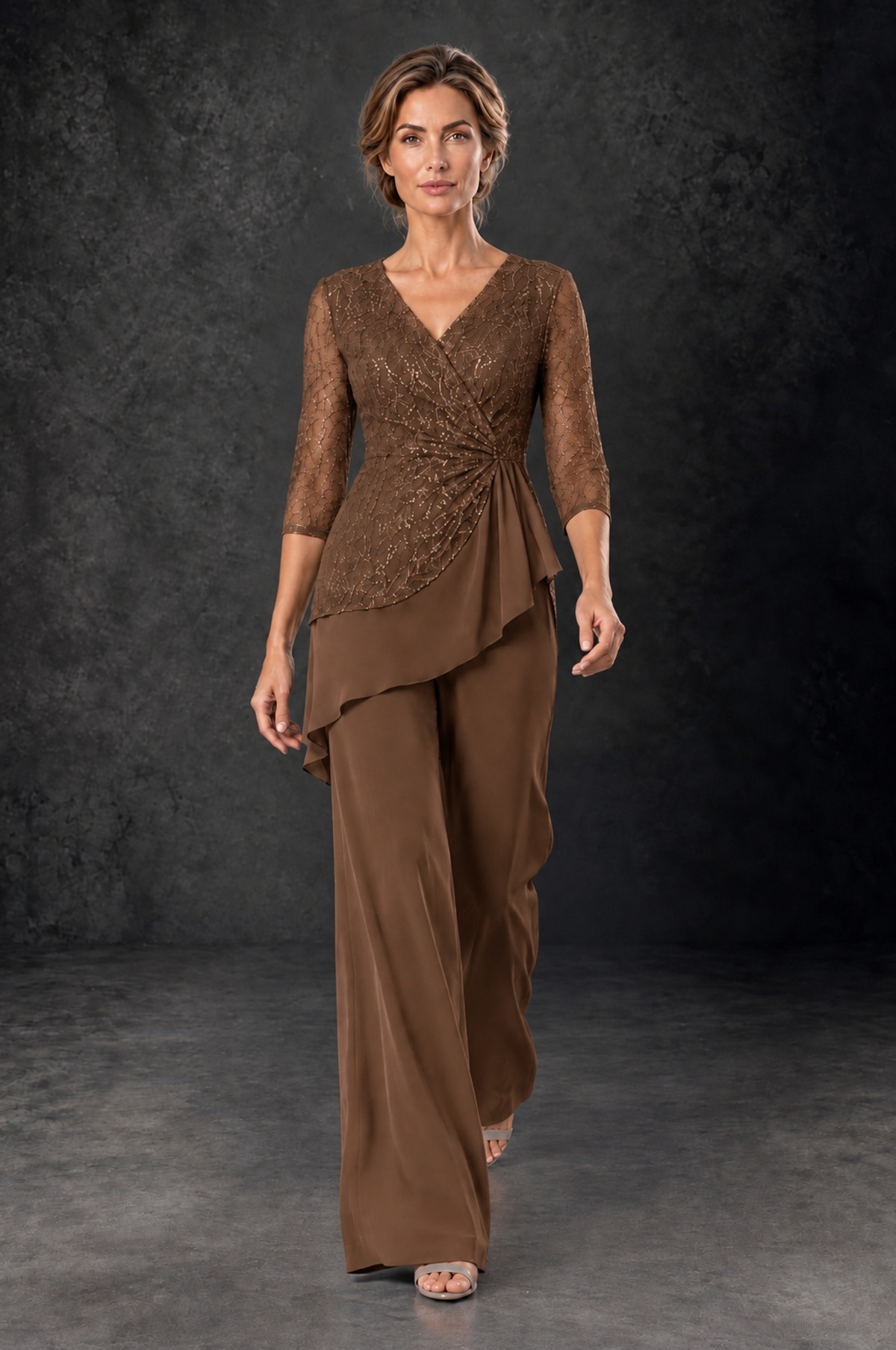 BOLODOO Brown Sequin Lace 3/4 Sleeve Chiffon Mother of the Bride Pant Suit - Brown - Brown_4