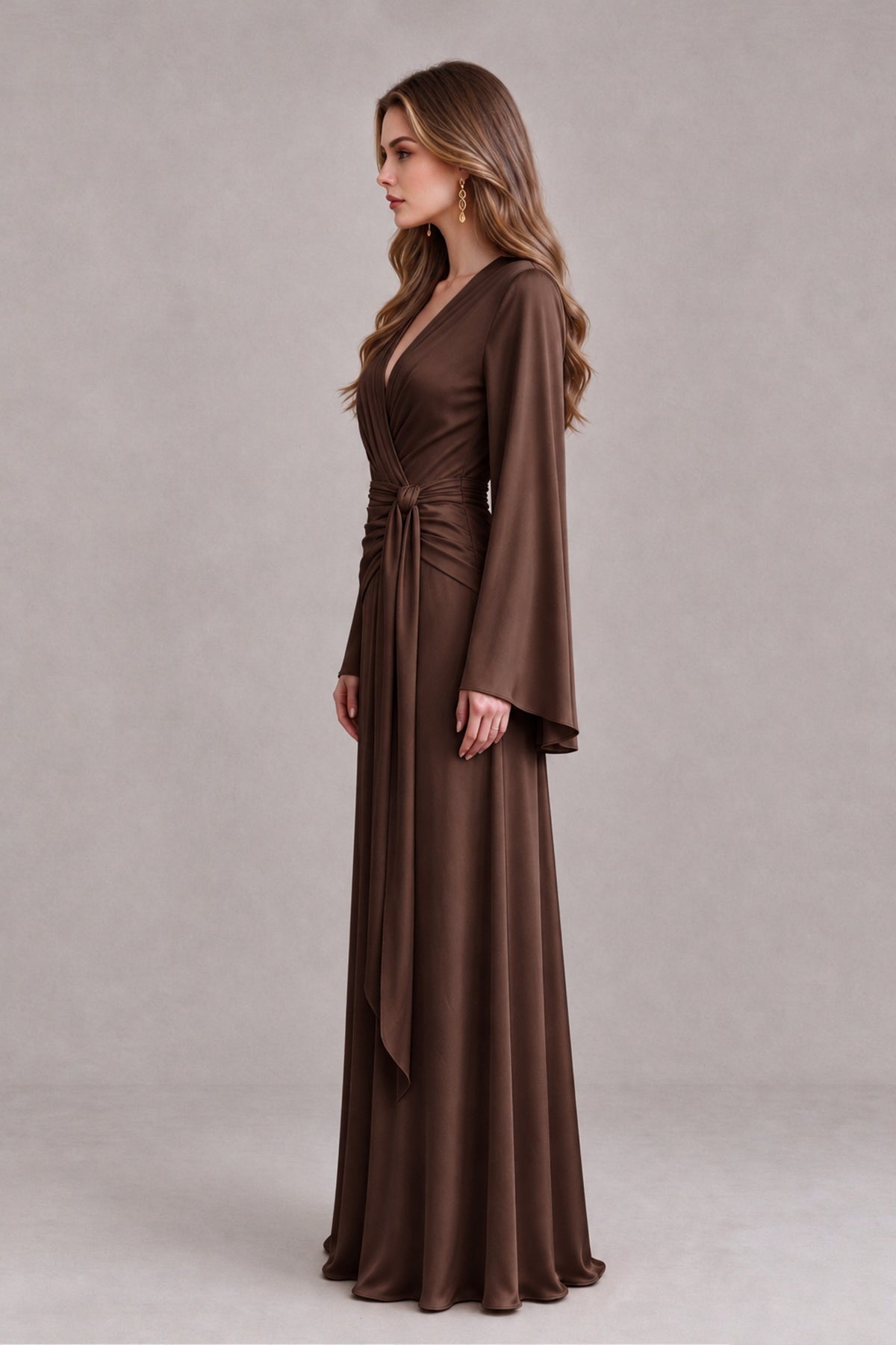 BOLODOO Brown Yellow Satin-Look V-Neck Long Bell Sleeve Evening Dress - Brown - Brown_4
