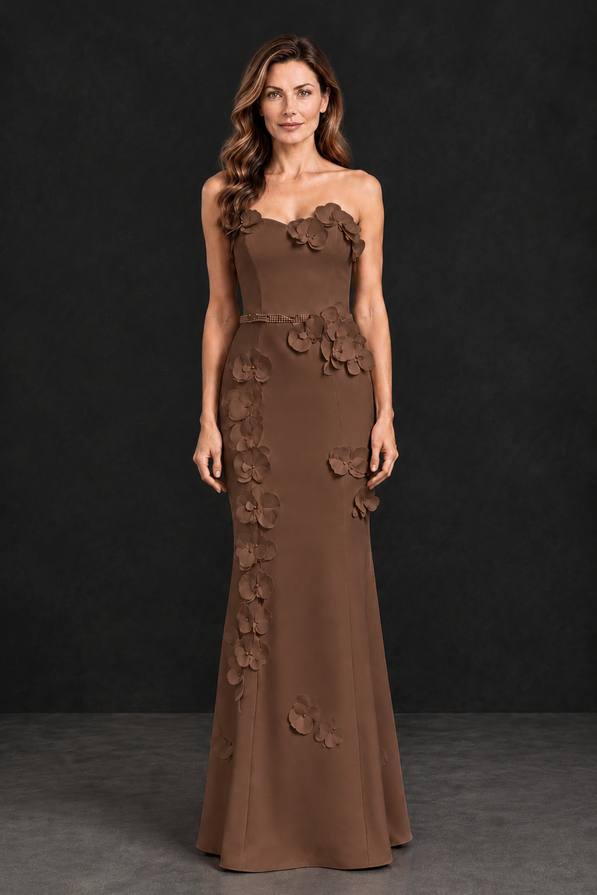 BOLODOO Brown Strapless Mother of the Bride Dress with 3D Floral Appliques - Brown - Brown_4