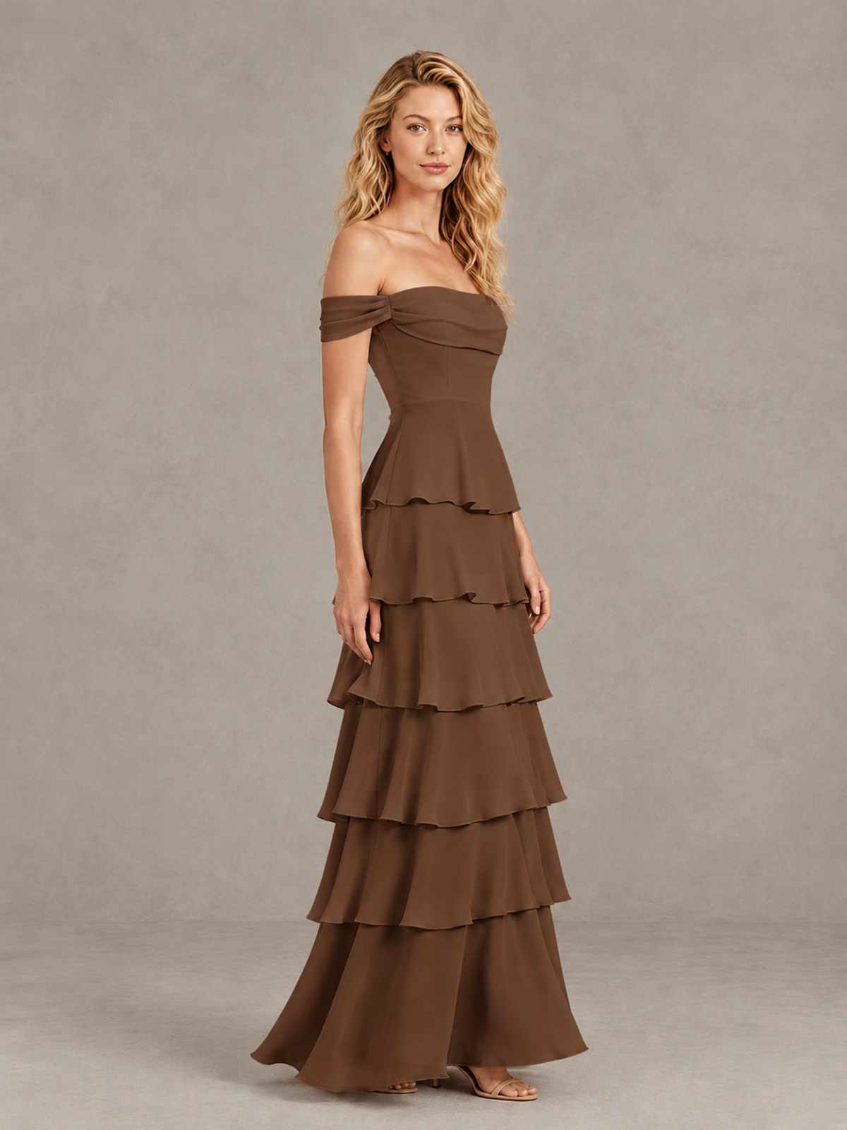 BOLODOO Brown Off-Shoulder Tiered Ruffle Bridesmaid Dress with Lace-Up Back - Brown - Brown_4