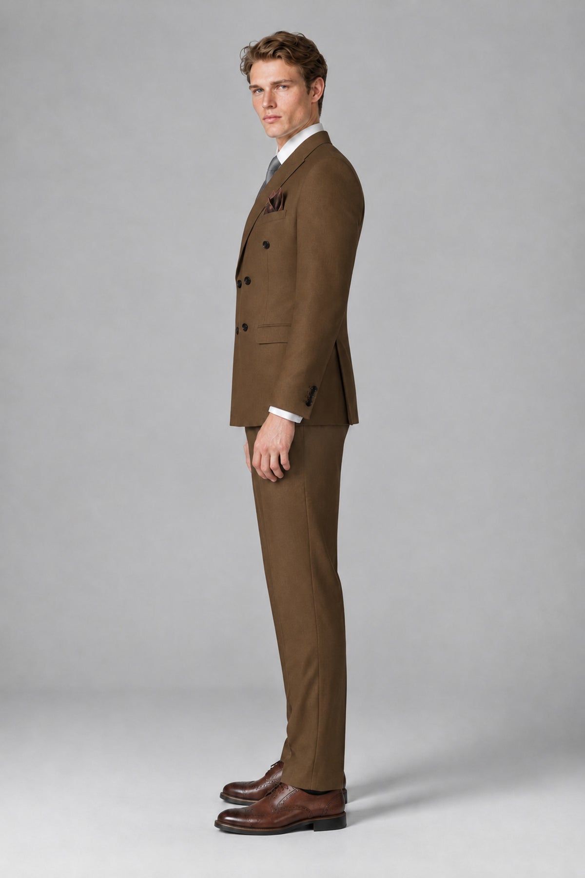 Bolodoo Men's Brown Double-Breasted Two-Piece Suit with Peak Lapels - Brown - Brown_4