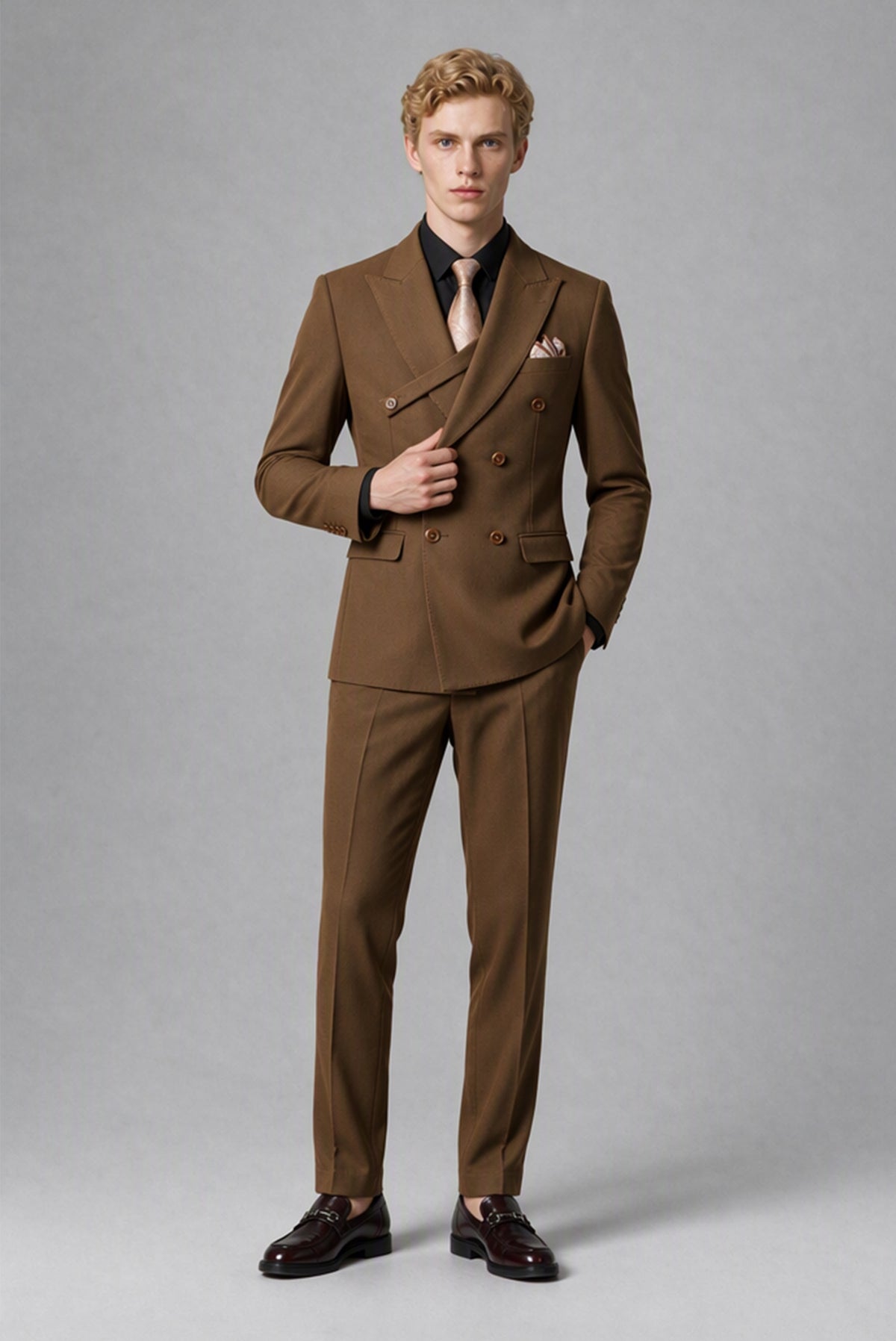 BOLODOO Men's Brown Double-Breasted Two-Piece Suit – Jacket & Trousers - Brown