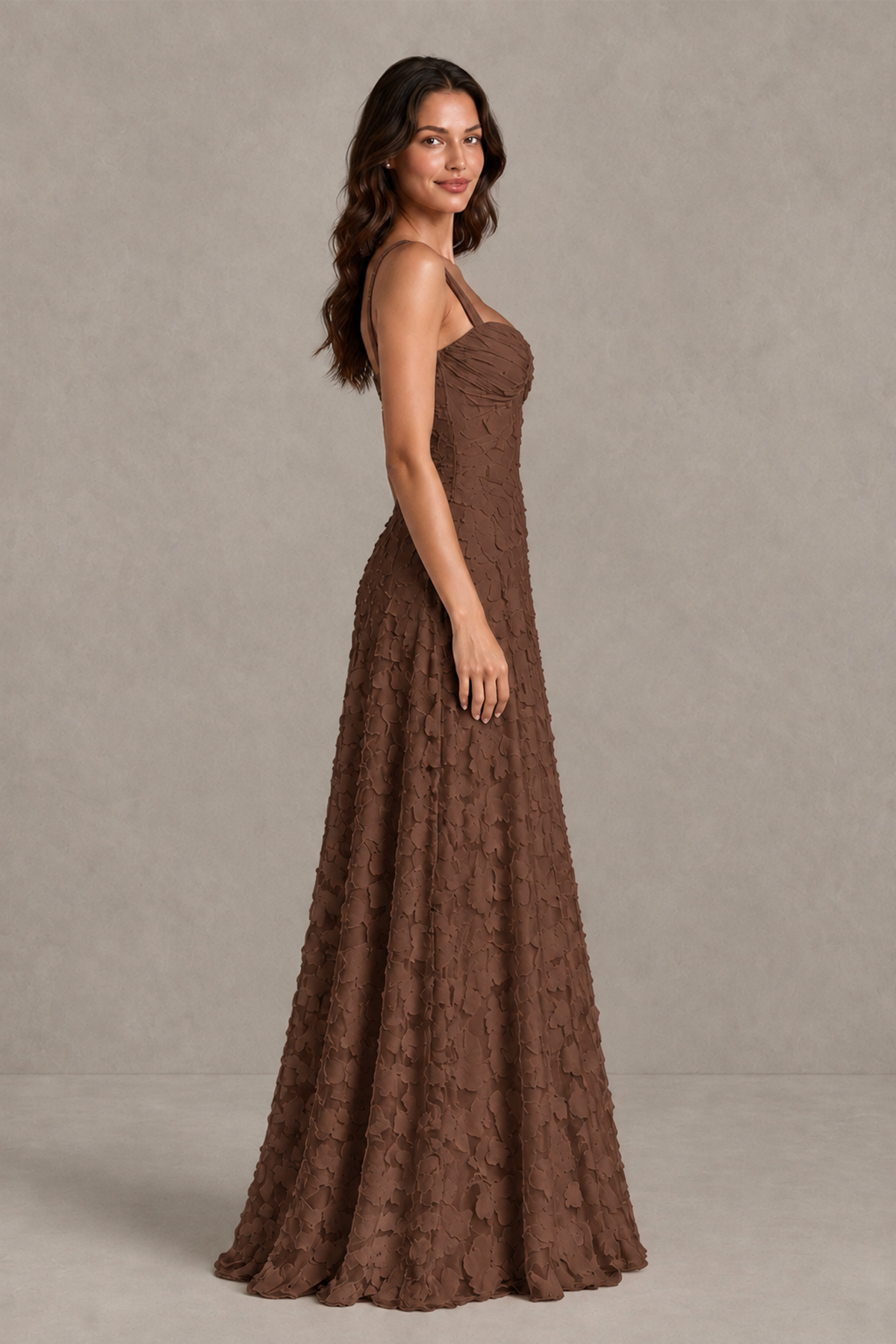 BOLODOO Brown Floral-Textured A-Line Dress with Lace-Up Back - Brown - Brown_4
