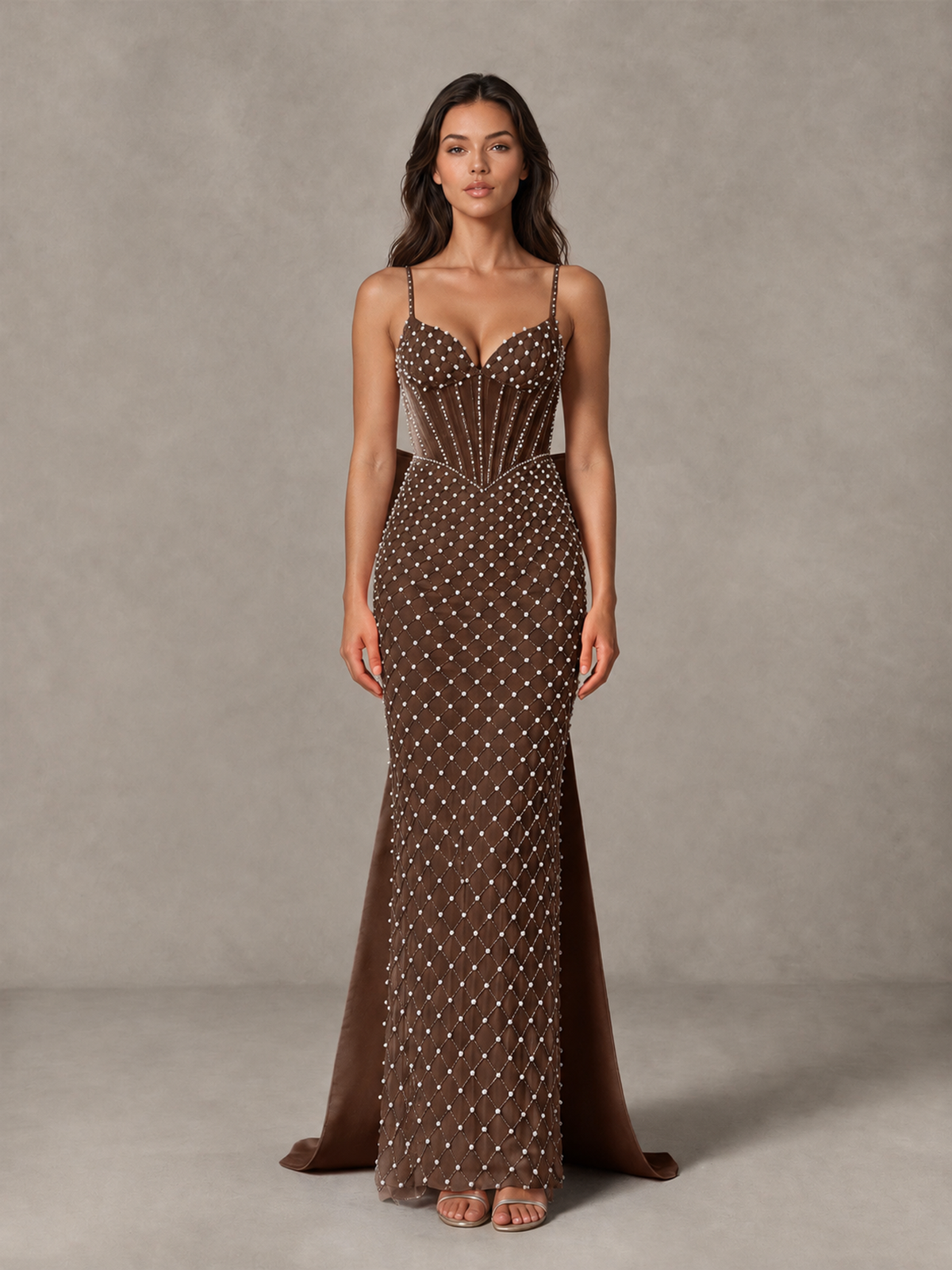 BOLODOO Brown Beaded Corset Prom Dress with Bow Train - Brown - Brown_4