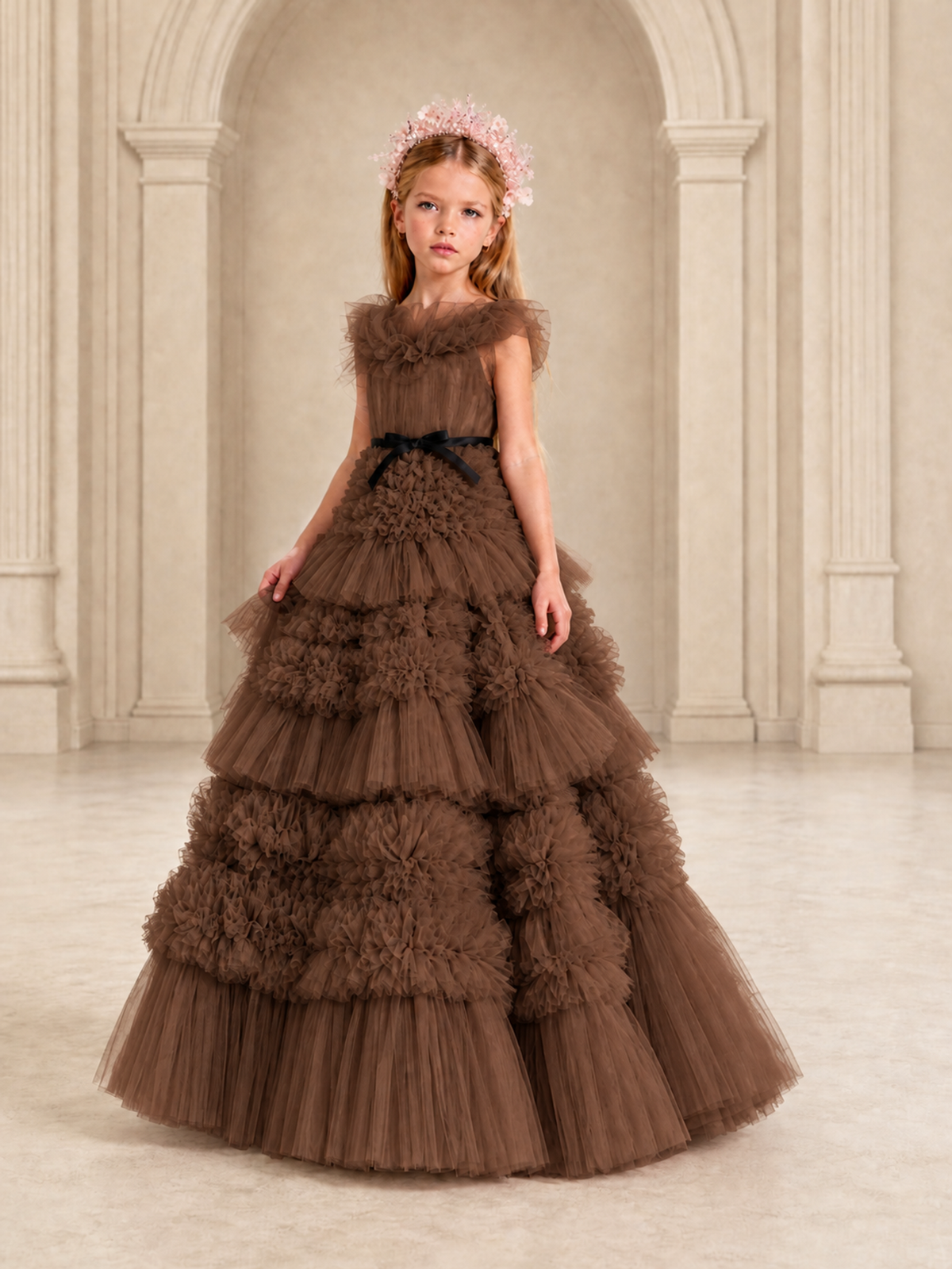 BOLODOO Brown Tiered Tulle Flower Girl Dress with Floral Appliques - Brown - Brown_4