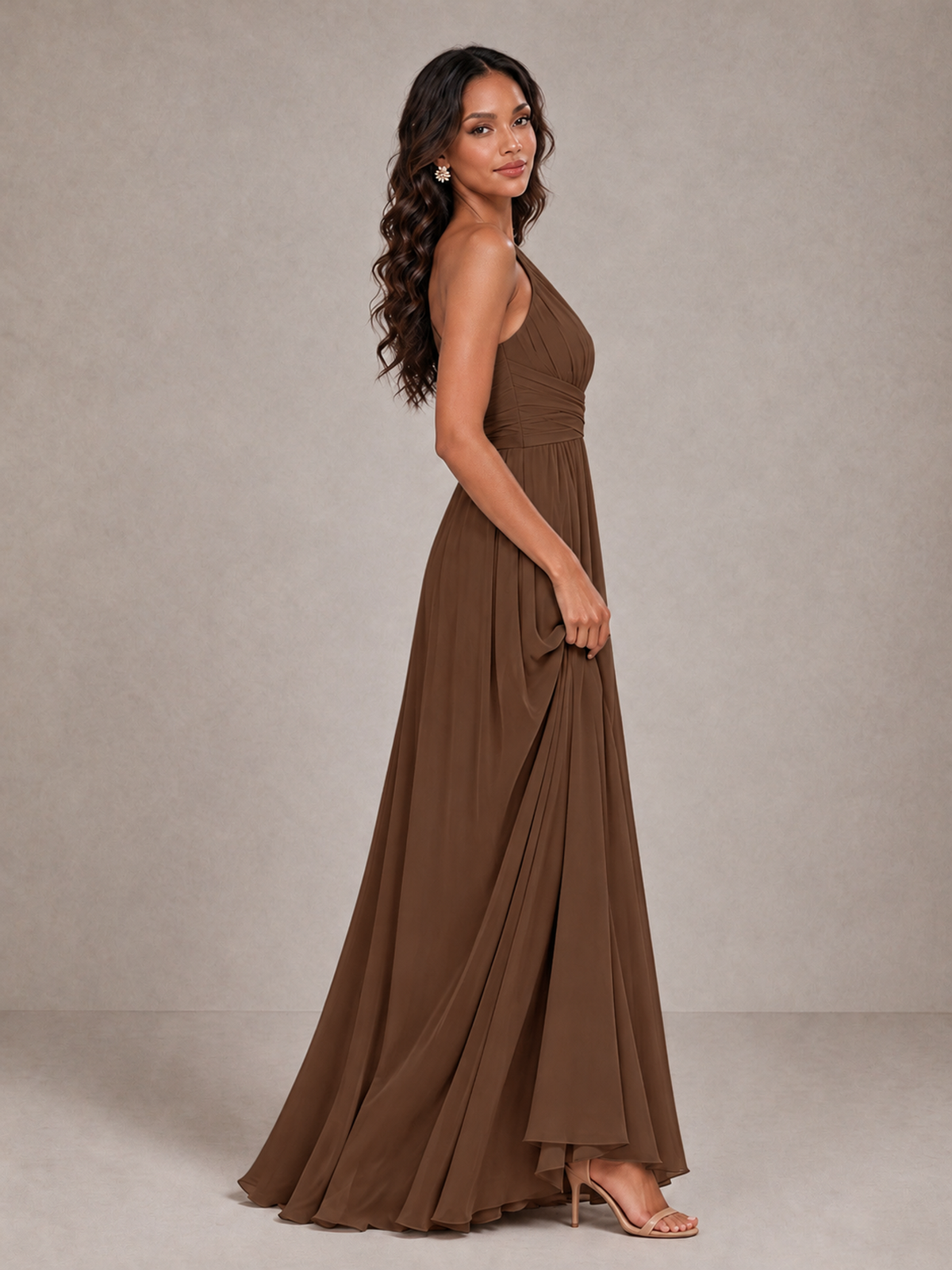 BOLODOO Brown One-Shoulder A-Line Bridesmaid Dress - Brown - Brown_4