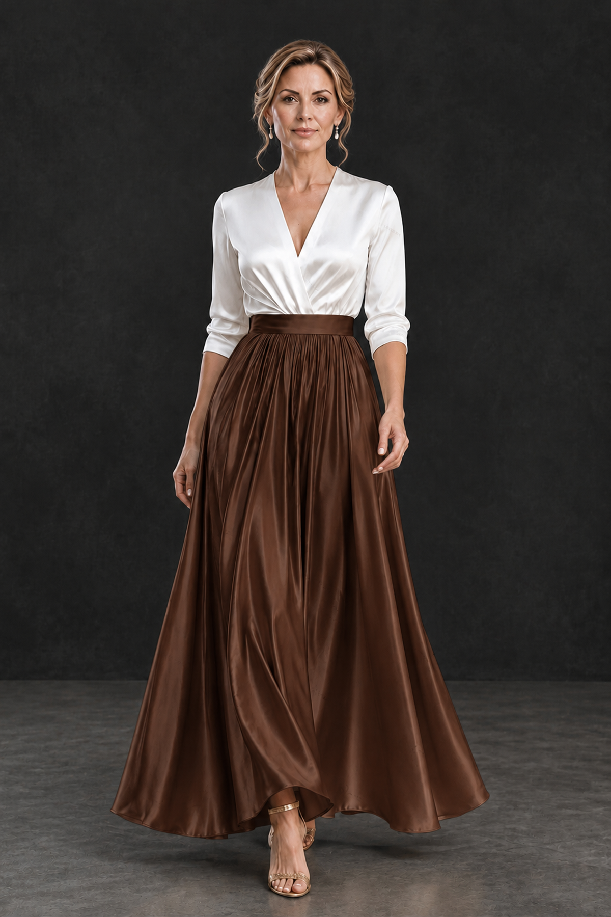 BOLODOO Brown and White V-Neck A-Line Mother of the Bride Dress - Brown - Brown_4