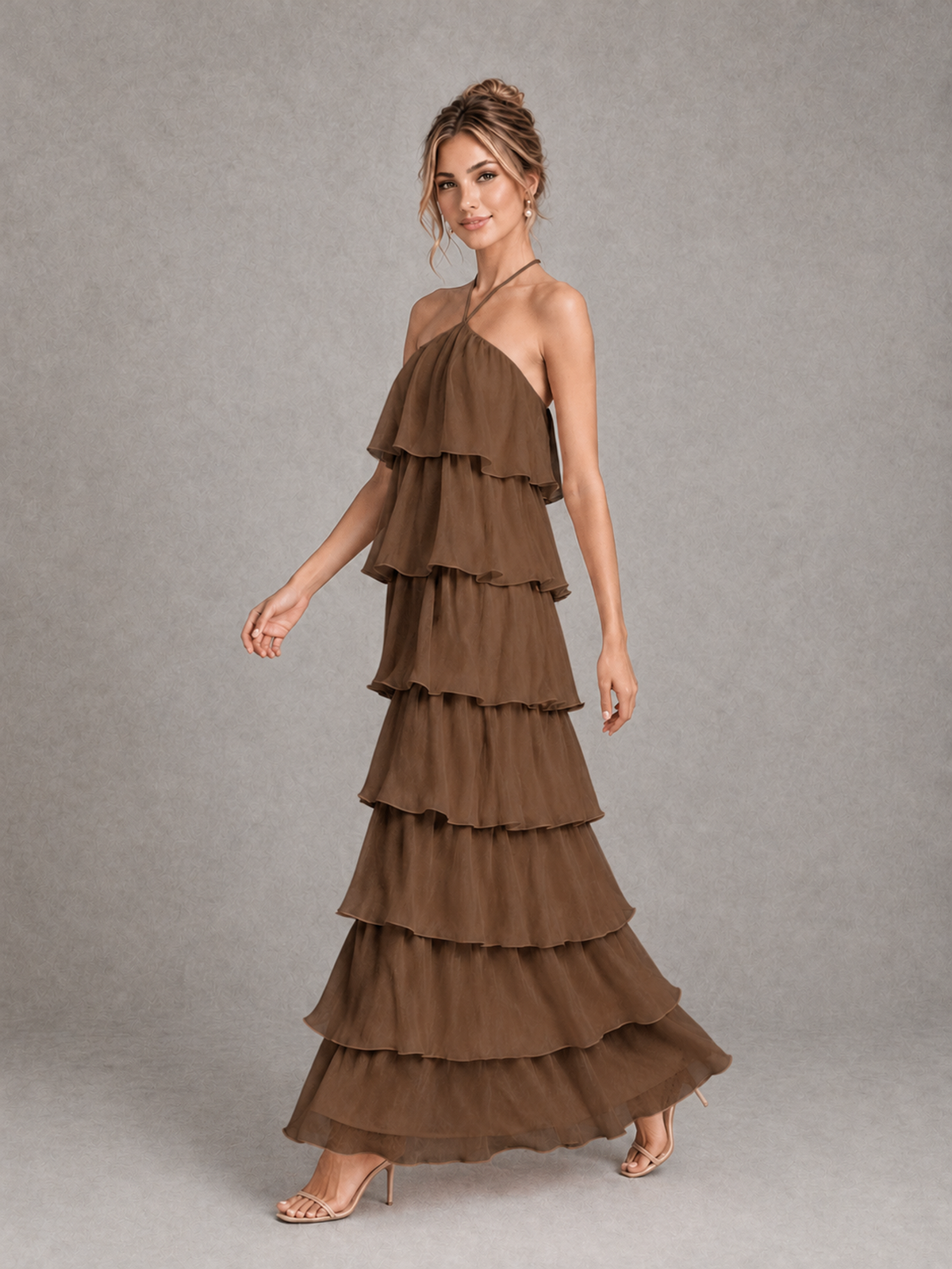 BOLODOO Brown Halter Tiered Ruffle Maxi Bridesmaid Dress - Brown - Brown_4